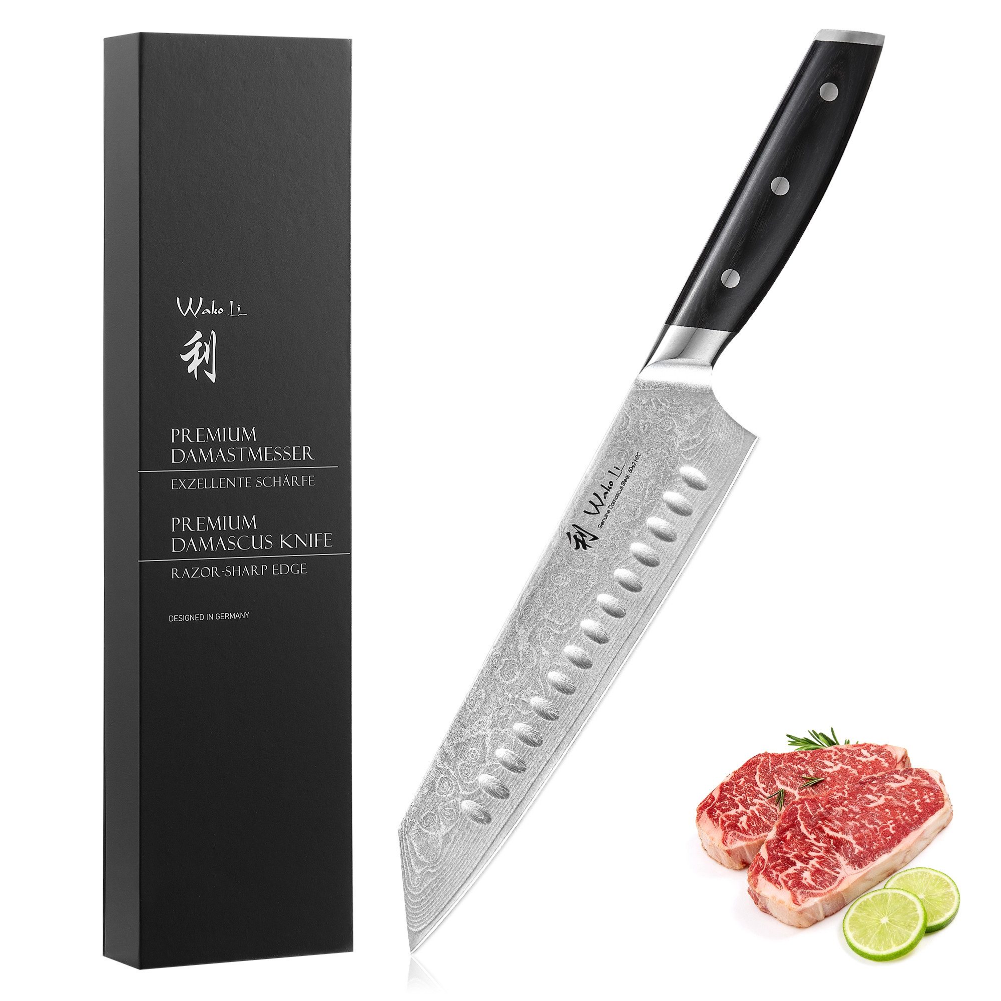 Wakoli Damastmesser Ishi Kiritsuke Kochmesser 20 cm Klinge Full-Tang Pakkaholzgriff, Damast Küchenmesser für Fleisch, Fisch und Gemüse in Geschenkbox