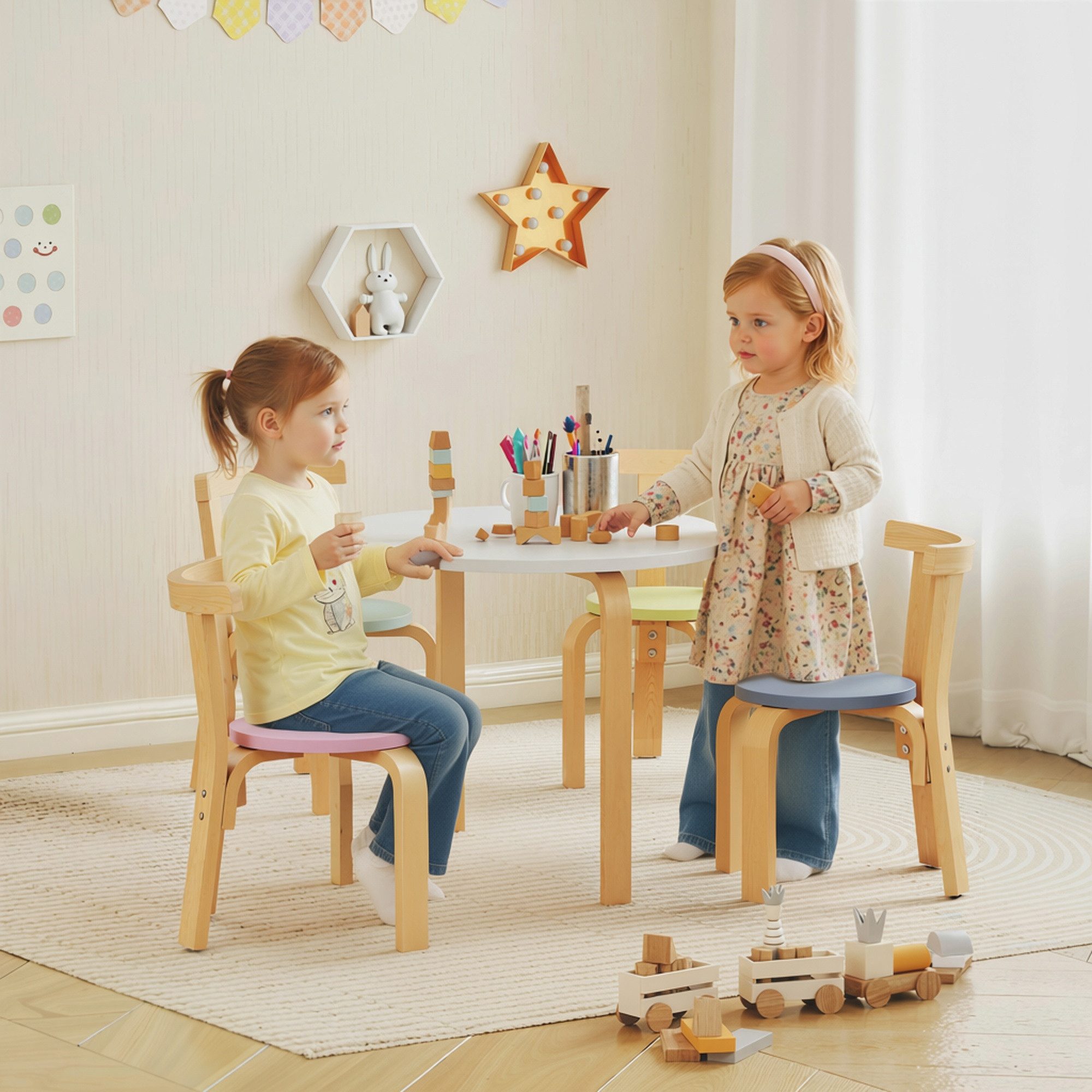 AIYAPLAY Kindersitzgruppe Kindertisch mit 4 Stühlen Sitzgruppe für Kinderzimmer, Holz, (Kindermöbel, 5-tlg., 5-teiliges Set mit Tisch und Stühlen), für Kinder v – Bild 2 von 5