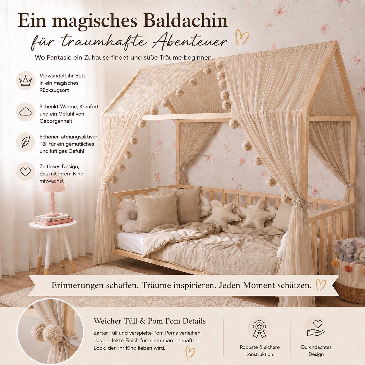 Baby Fancyroom Betthimmel Betthimmel Tüll Hausbett Kinderbett 2 Stück 340cm 380cm Montessori (3-tlg. Set mit 2x Betthimmel und einer 20er Pomponkette, Baldachin, Kinder Betthimmel Baldachin Himmel Deko Set), Betthimmel für Hausbett Montessori