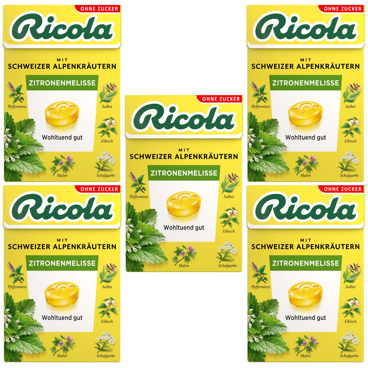 RICOLA Süßigkeit, Ricola Zitronenmelisse ohne Zucker fruchtig im Böxli 50g 5er Pack