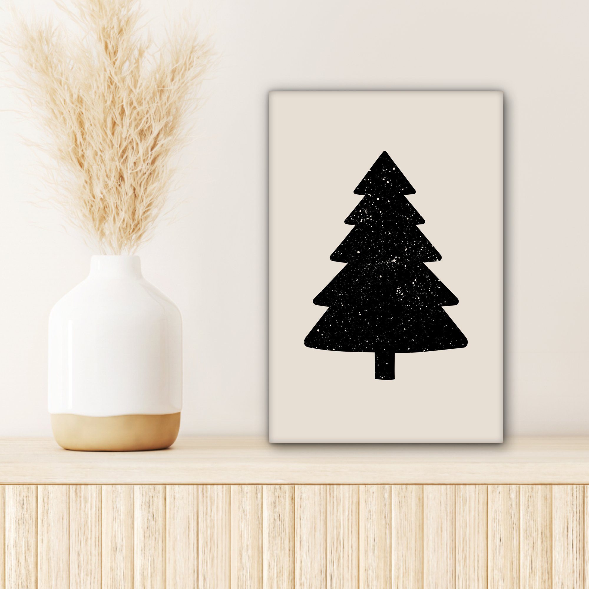 Weihnachtsbaum inkl. 20x30 bespannt Leinwandbild - Schwarz Leinwandbild Beige, Gemälde, fertig - St), OneMillionCanvasses® Urlaub (1 cm - Zackenaufhänger,