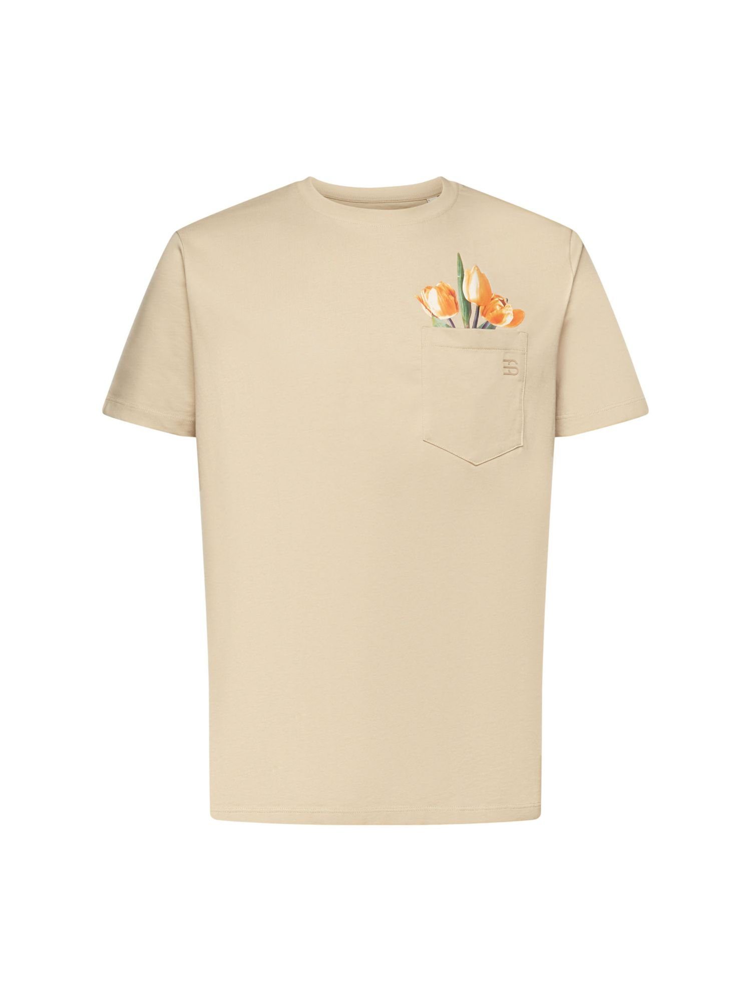 Esprit Jersey-T-Shirt 100% mit KHAKI (1-tlg) Print, T-Shirt Baumwolle BEIGE