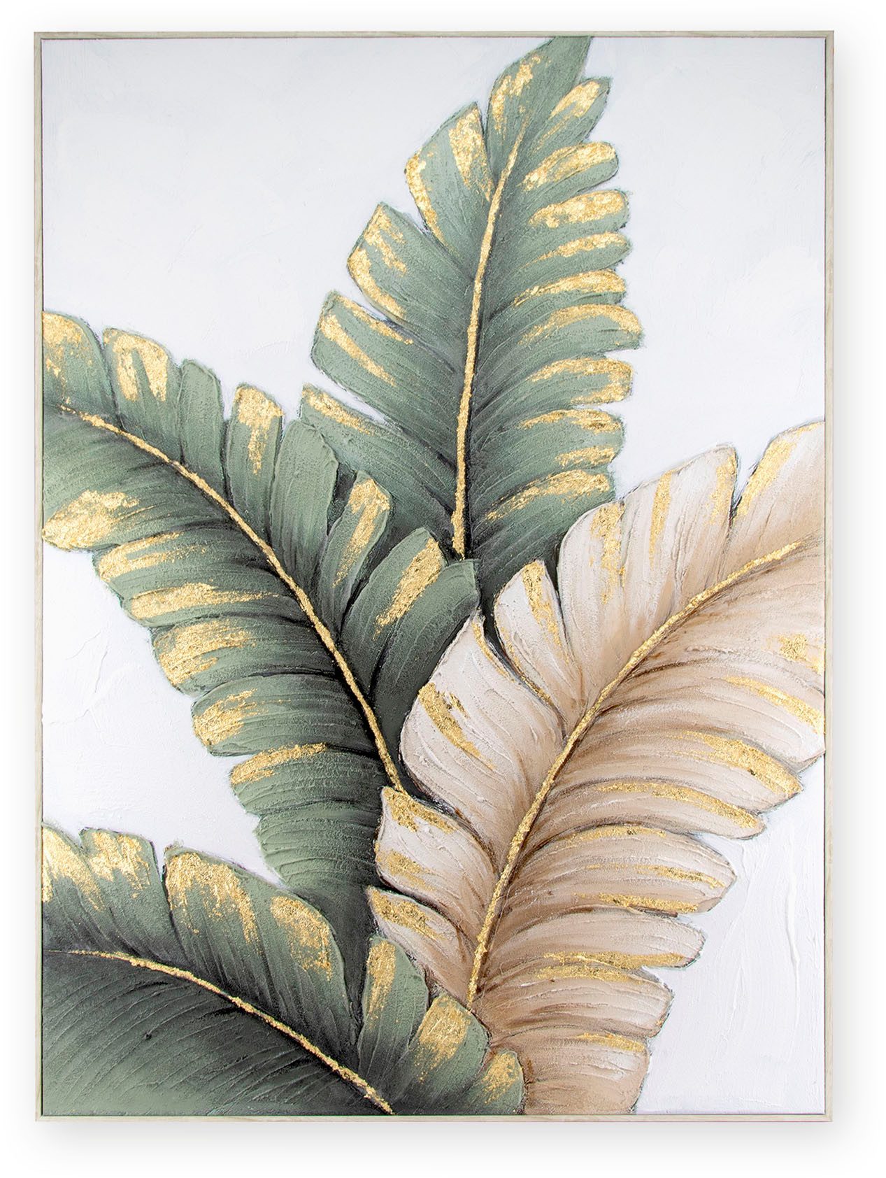 Art for the home Leinwandbild Blatter Neutral, Blätter (1 St), Handgemalte Leinwand mit Goldmetallic, Lush leaves neutral - 100x70cm