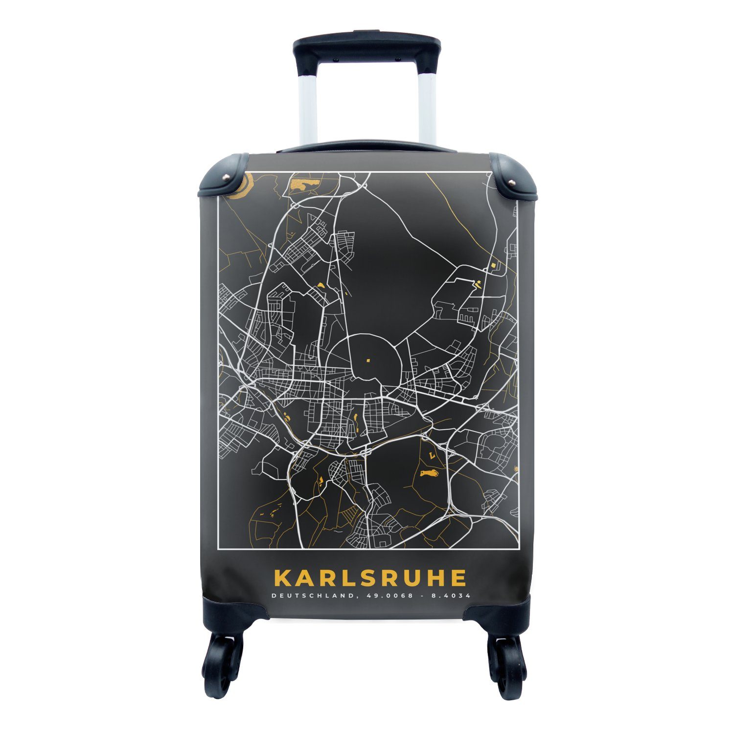 MuchoWow Handgepäckkoffer Karlsruhe - Gold für Ferien, Deutschland, Karte Reisekoffer Handgepäck Trolley, - mit rollen, Stadtplan Rollen, 4 - - Reisetasche