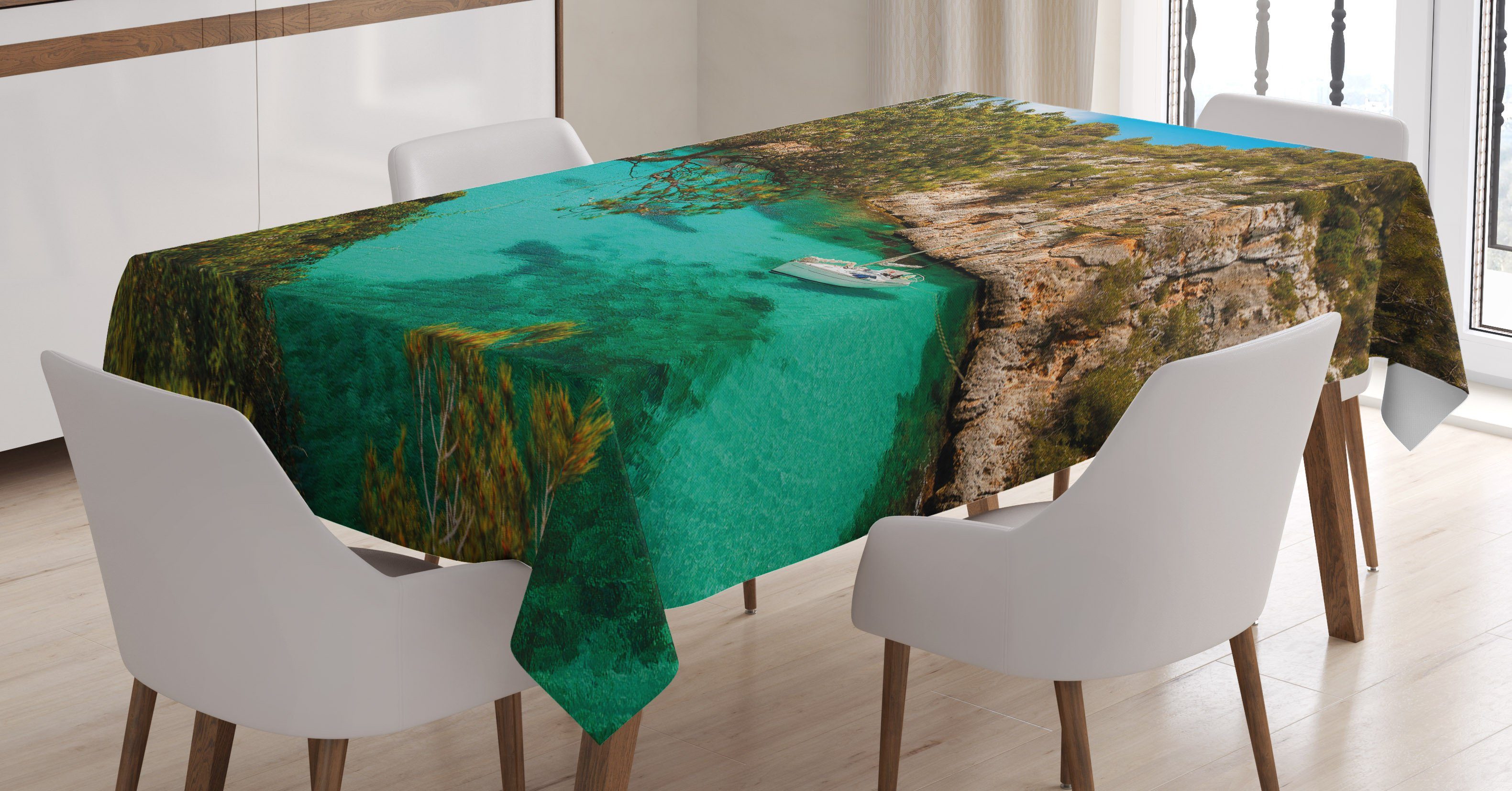 View Sea Tischdecke Farben, den Für on Außen Farbfest Scenic Abakuhaus Natur Klare geeignet Yacht Waschbar Bereich