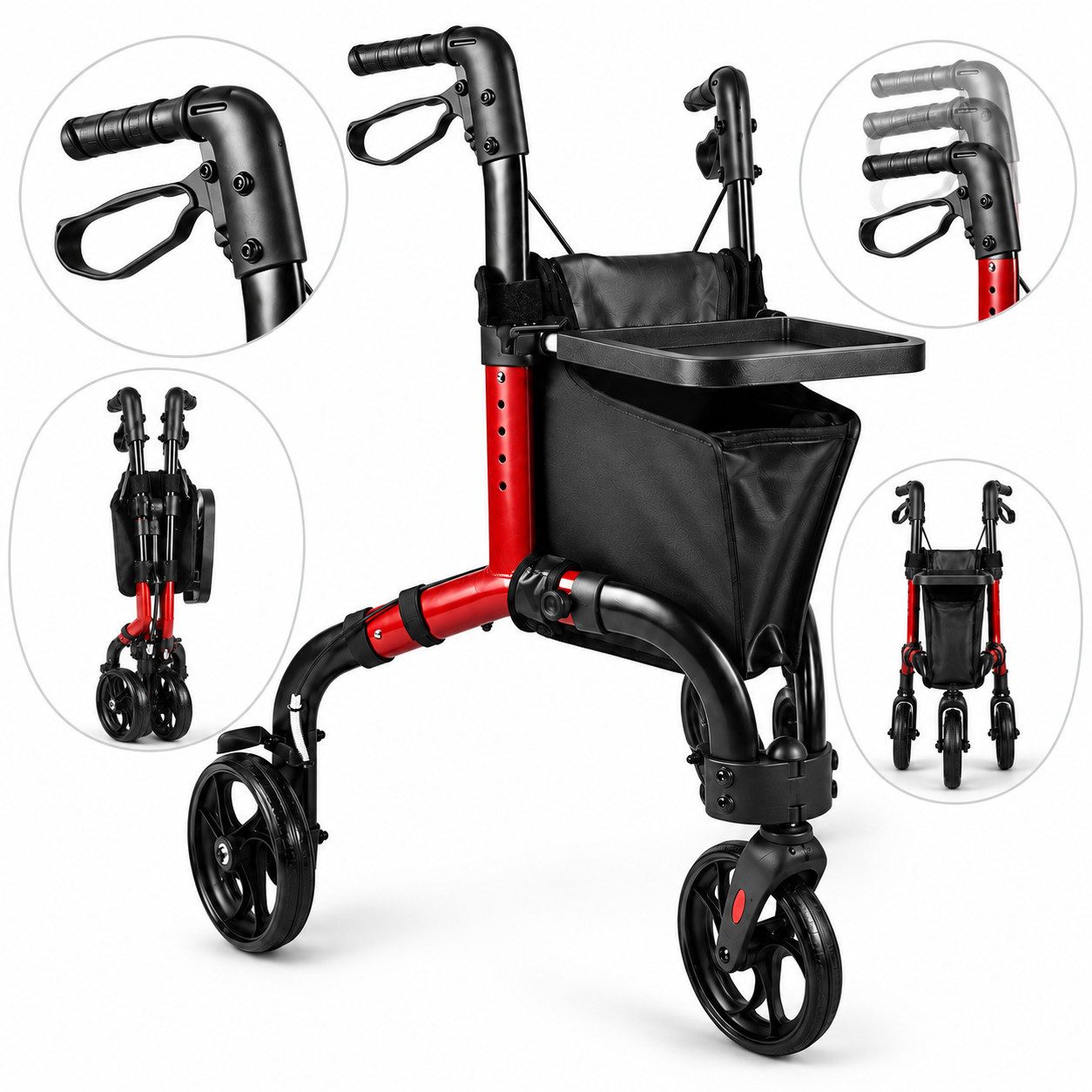 COVNBXN Rollator 3 Rad Rollator faltbar höhenverstellbar mit Ablage und Tasche, 3-Rad, 5-fach höhenverstellbar, faltbar, mit Bremse & Tasche