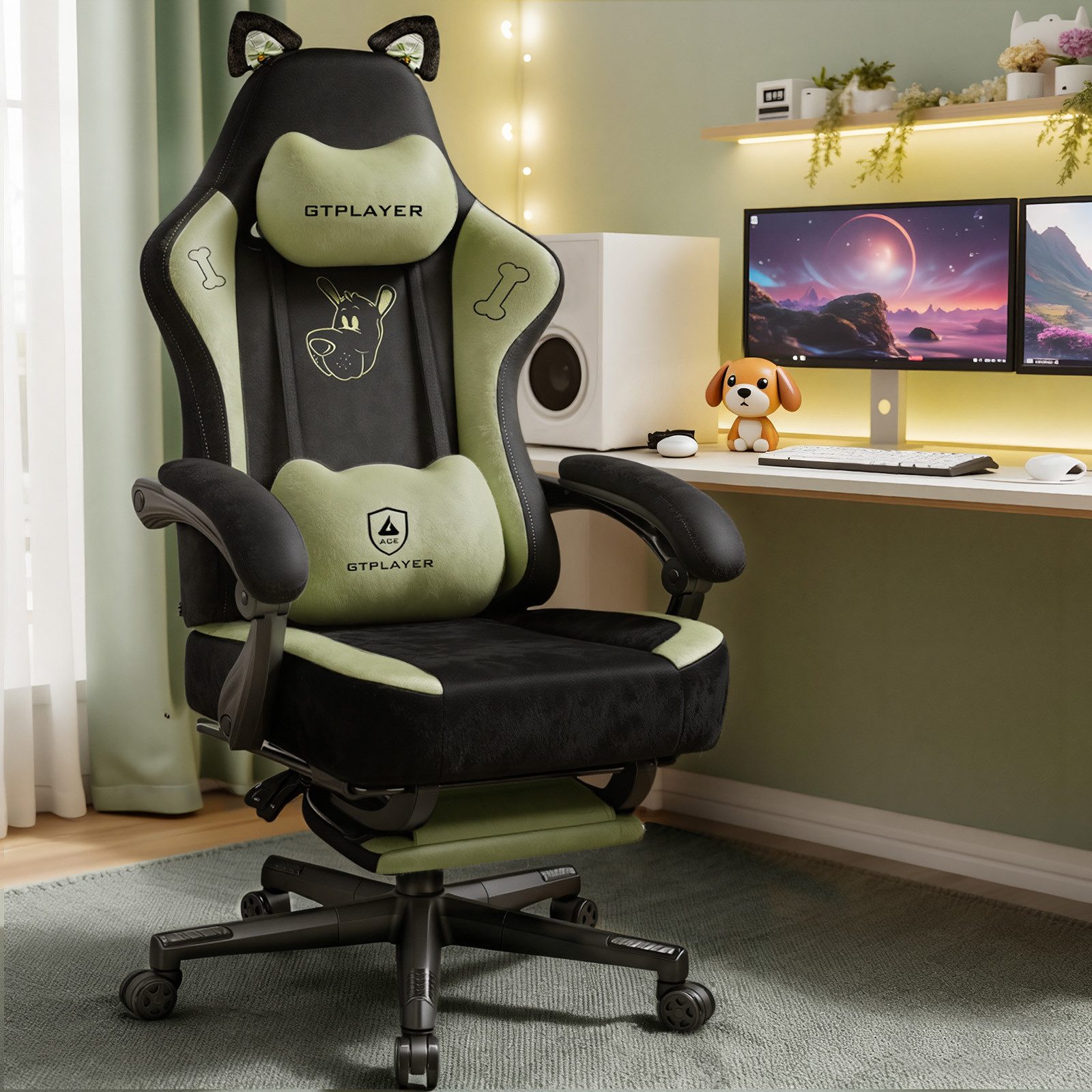 GTPLAYER Gaming-Stuhl Gaming Stuhl mit Samtstoff/Kunstleder, Gaming Chair Bürostuhl, Niedlicher Gamer Stuhl mit Katzenohren Süße Katze Edition