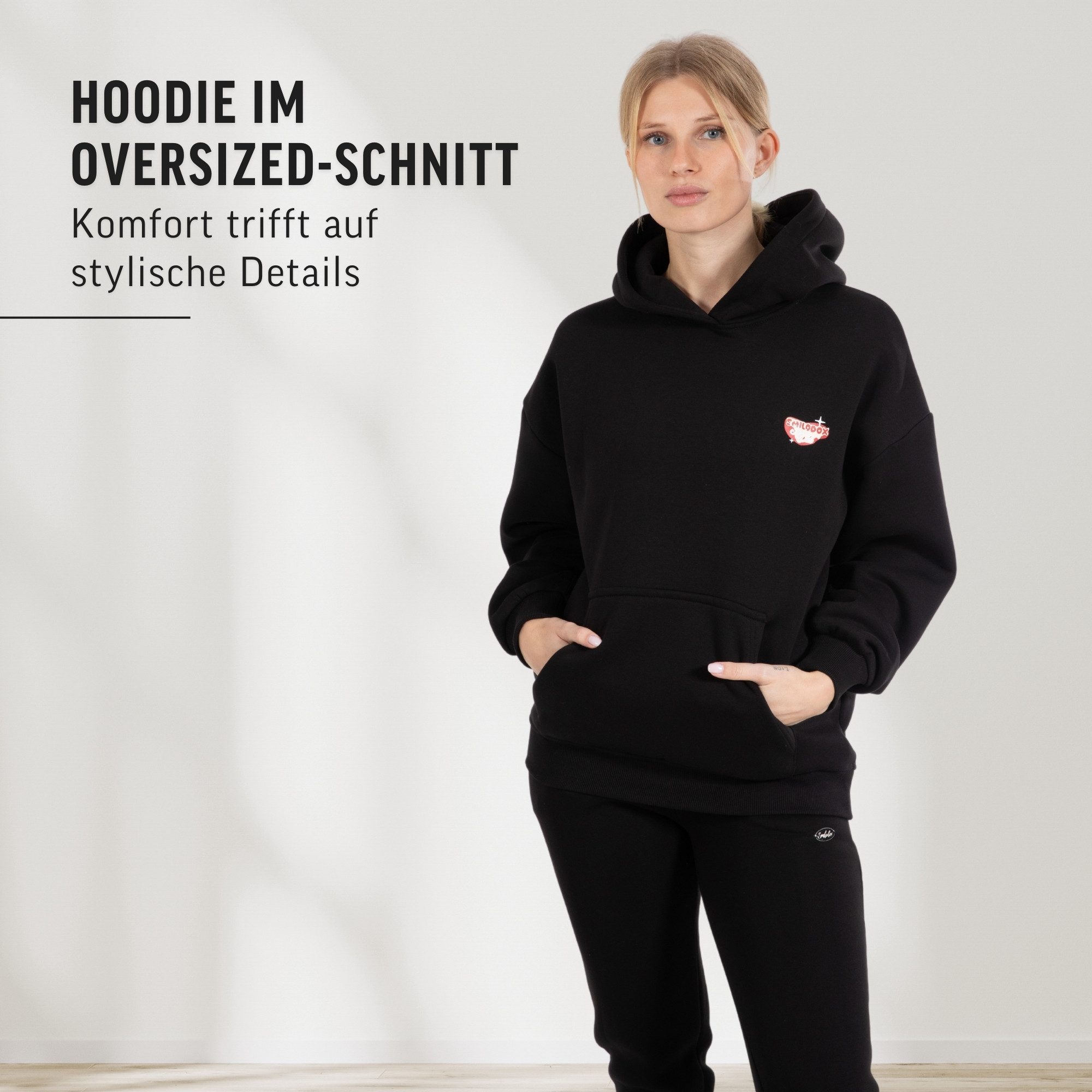 Smilodox Hoodie Riva, Kapuzenpullover Oversize Fit mit großer Kapuze und Herz Print Stylischer Pulli Großer Print Kängurutasche Sweater Sport Freizeit