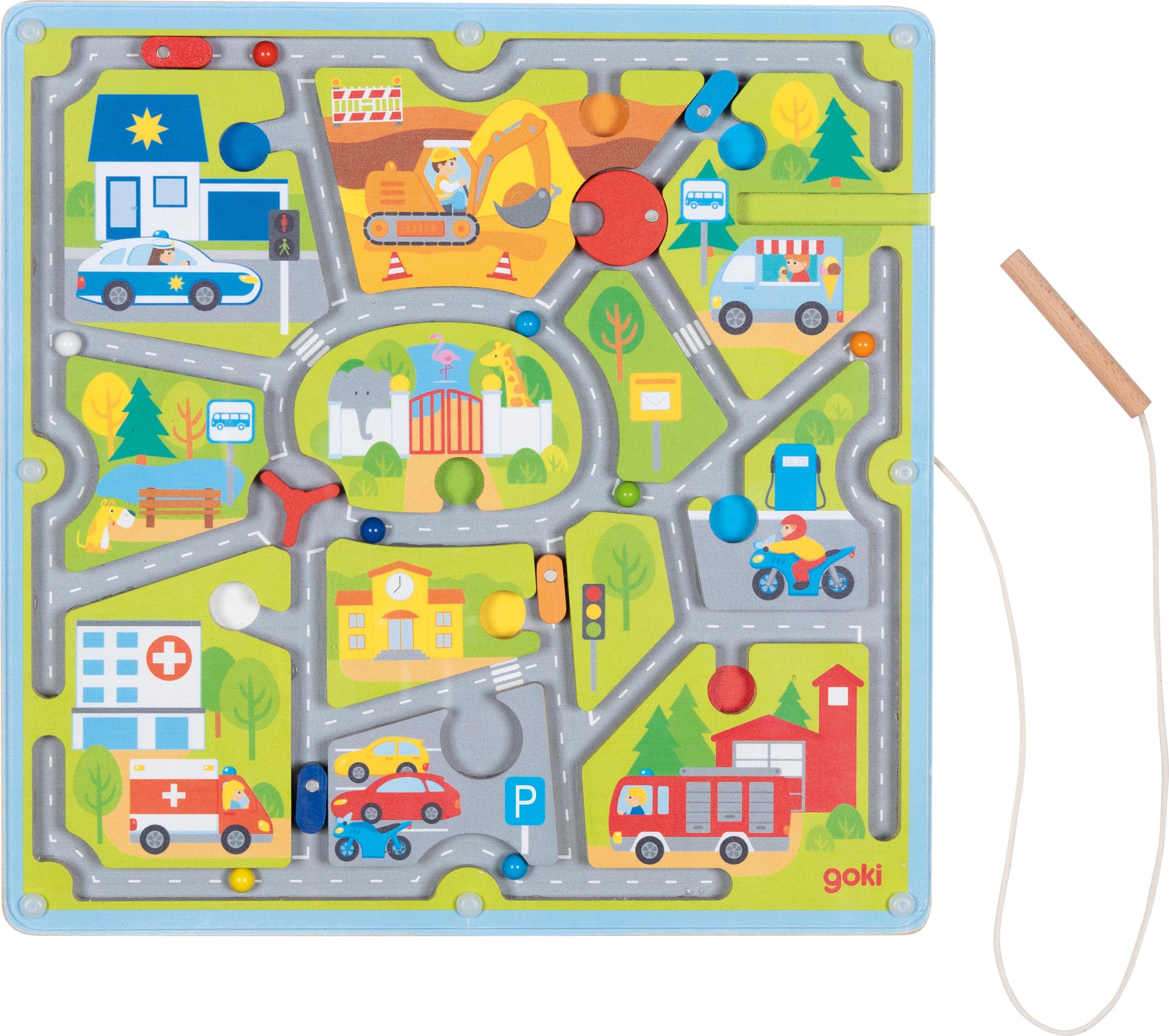 goki Motorikbrett Magnetlabyrinth Kleine Stadt, in kindgerechtem Design