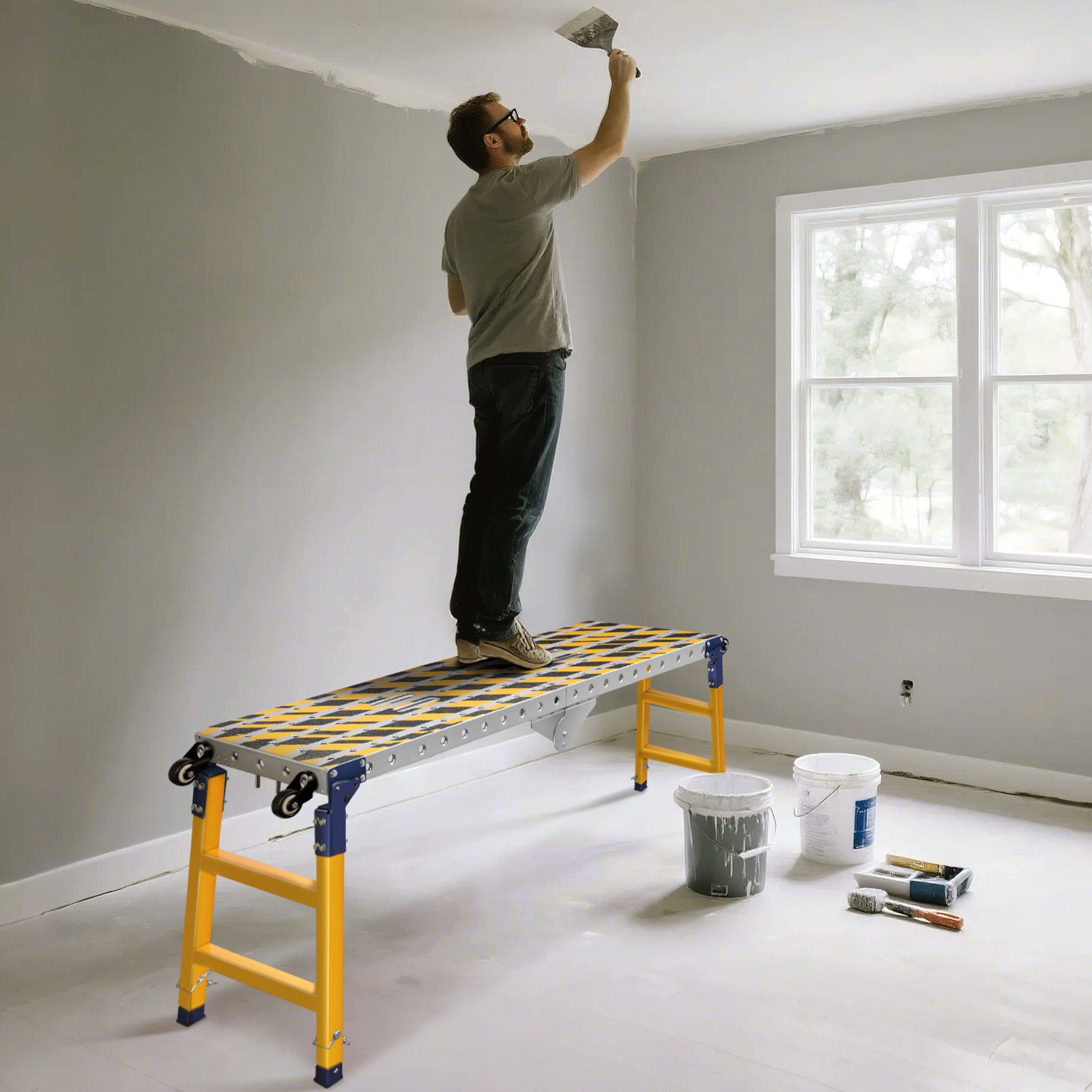 XERSEK Arbeitsplattform 2in1 Stahl Klappleiter Fahrgerüst Multigerüst bis 500kg Höhe 70–110cm (Mehrzweckleiter Klappgerüst Höhenverstellbare Ausziehleiter auf R – Bild 5 von 5