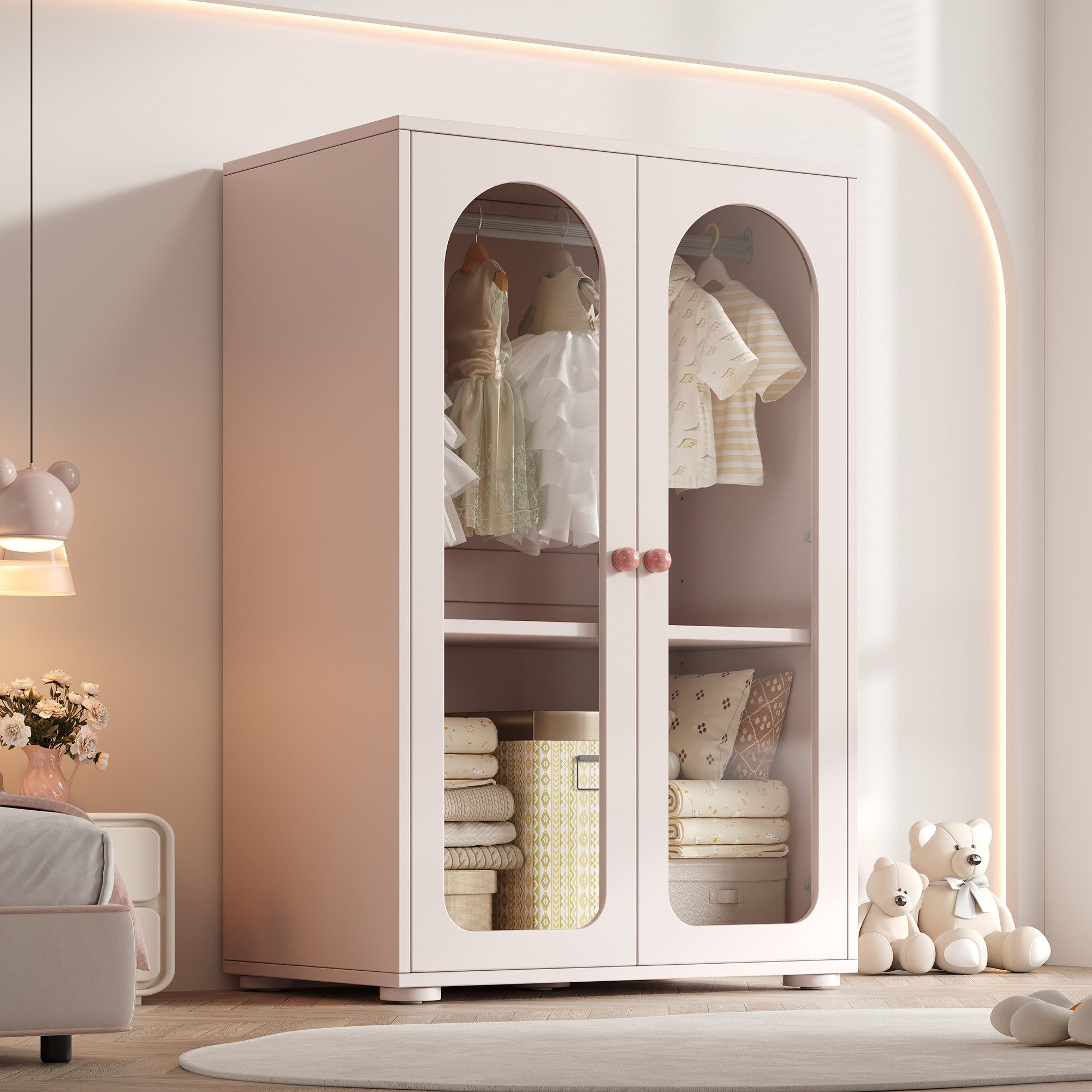 Odikalo Kleiderschrank Kinderkleiderschrank Drehtürenschrank mit Kleiderstange (Acryl-Transparenttüren, Keramikgriffen, 80×50×120 cm)