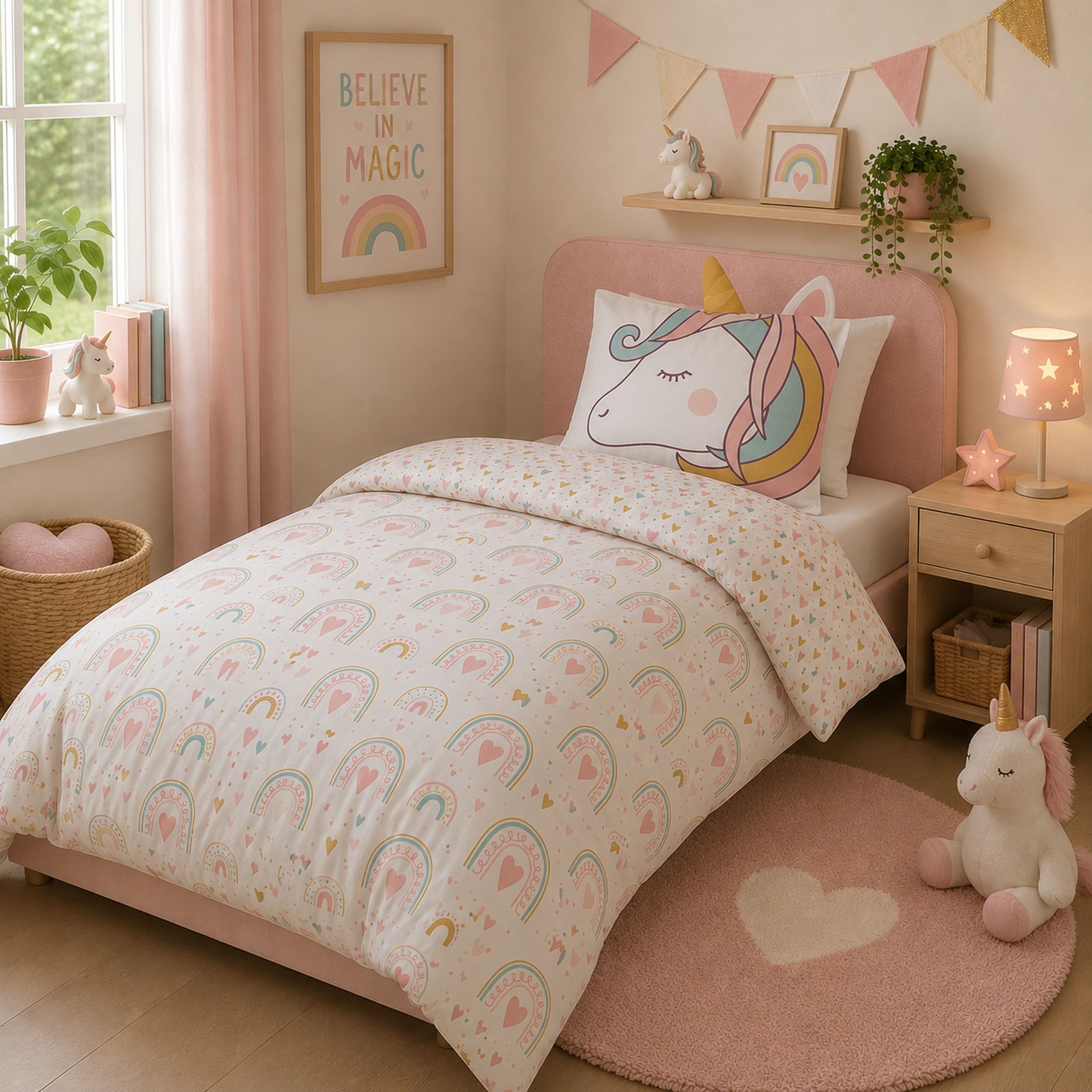 Familando Kinderbettwäsche Unicorn 135x200 80x80 cm Bettwäsche Einhorn mit Ohren, Renforcé, 2 teilig, mit liebevollem Motiv & süßen Details für Mädchen