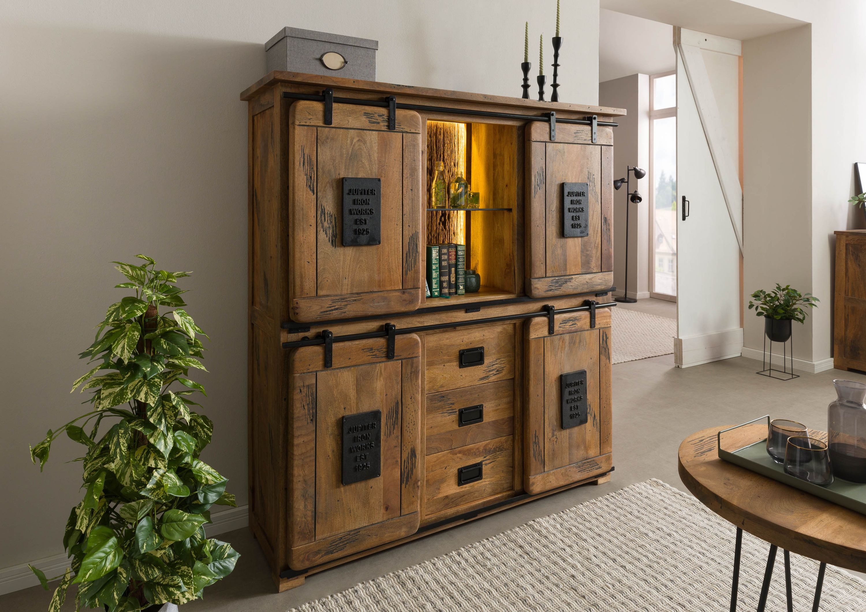 Massivmoebel24 Highboard RAILWAY LUX (Massivholz), Mango / Altholz 150x45x160 natur lackiert RAILWAY LUX #120