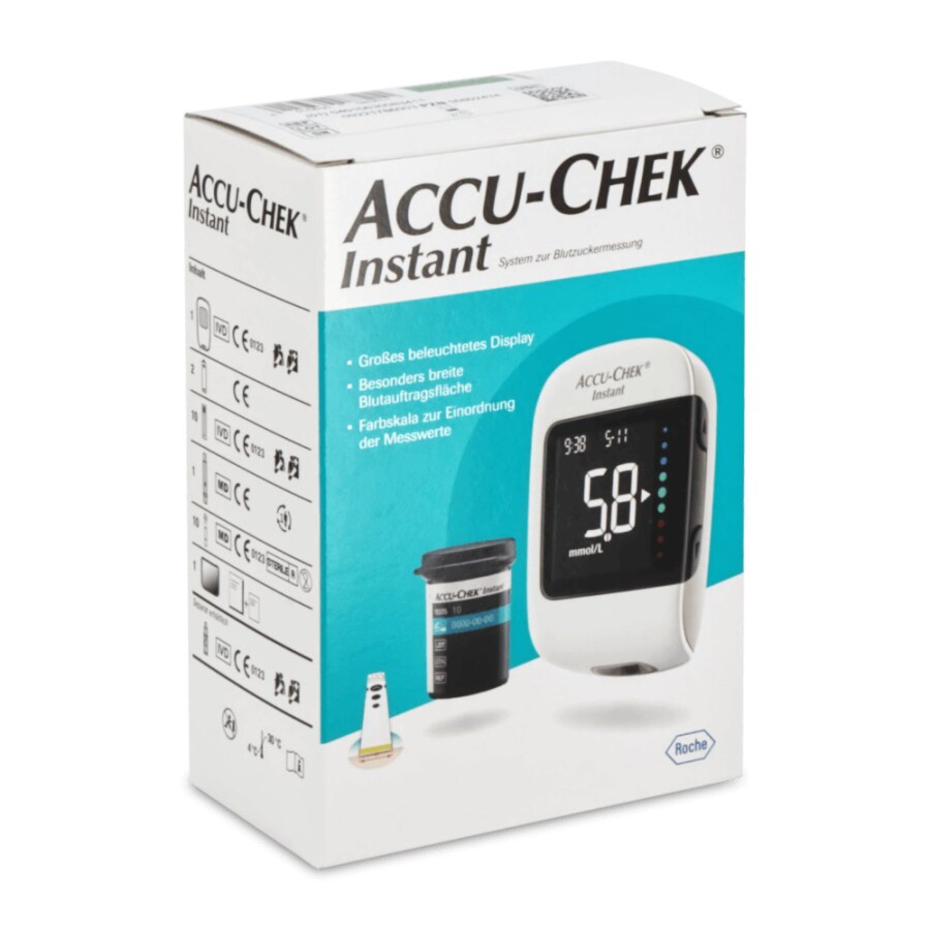 Roche Blutzuckermessgerät Accu-Chek Instant, inkl. Starterset, Hypo- und Hyperglykämie-Warnung, Diabetesüberwachung, intuitive Farbskala auf dem Display