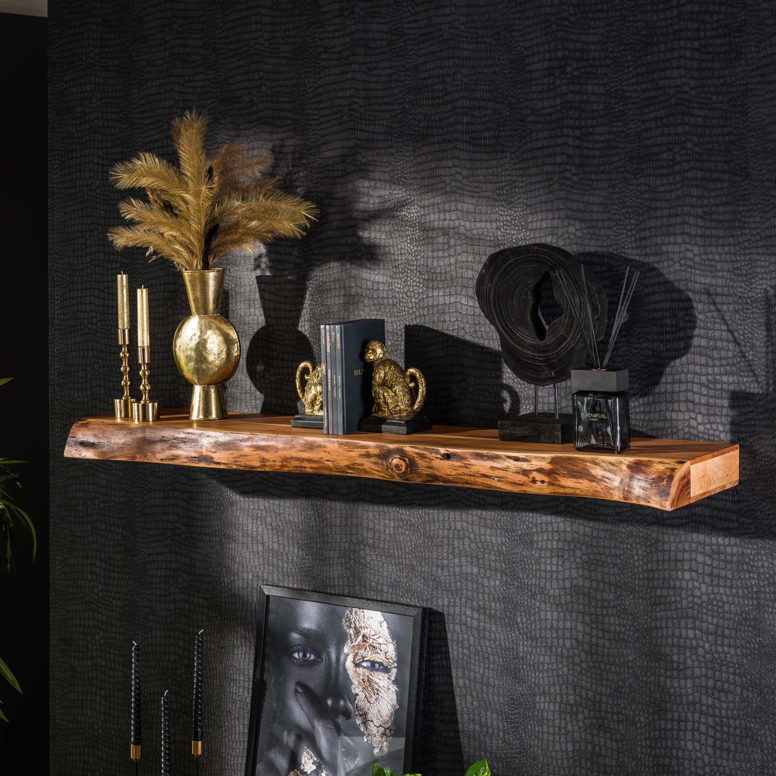 alesvelt Wandregal TREE 150 Massives Akazienholz-Schweberegal mit echter Baumkante 150 cm, 150x25x8cm