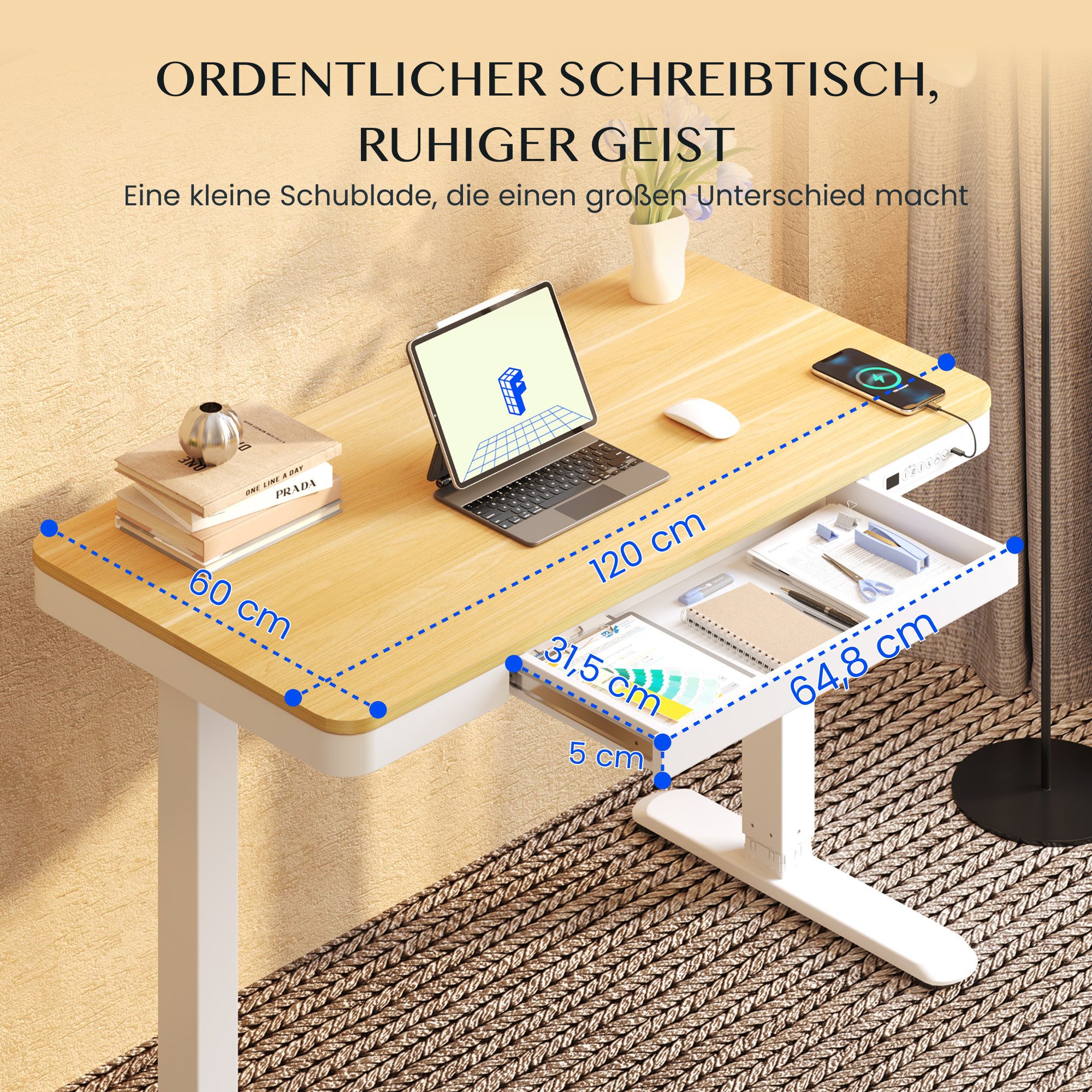 FLEXISPOT Schreibtisch Höhenverstellbarer Schreibtisch MIT Schubladen (mit LED-Höhenanzeige, 4 Speicherhöhen, Anti-Kollisionssystem, USB-C Anschluss), EINFACHE  – Bild 4 von 5