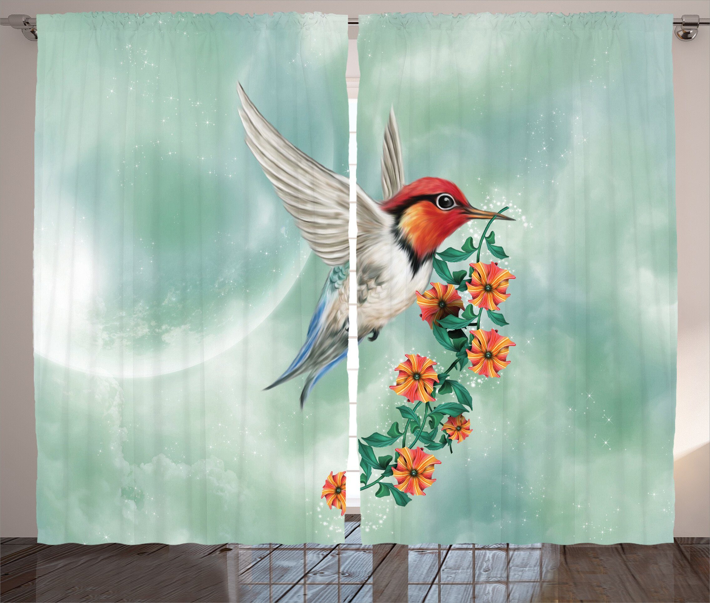 Gardine Schlafzimmer Kräuselband Vorhang mit und Vogel Tier Abakuhaus, Blume Schlaufen Ast mit Haken