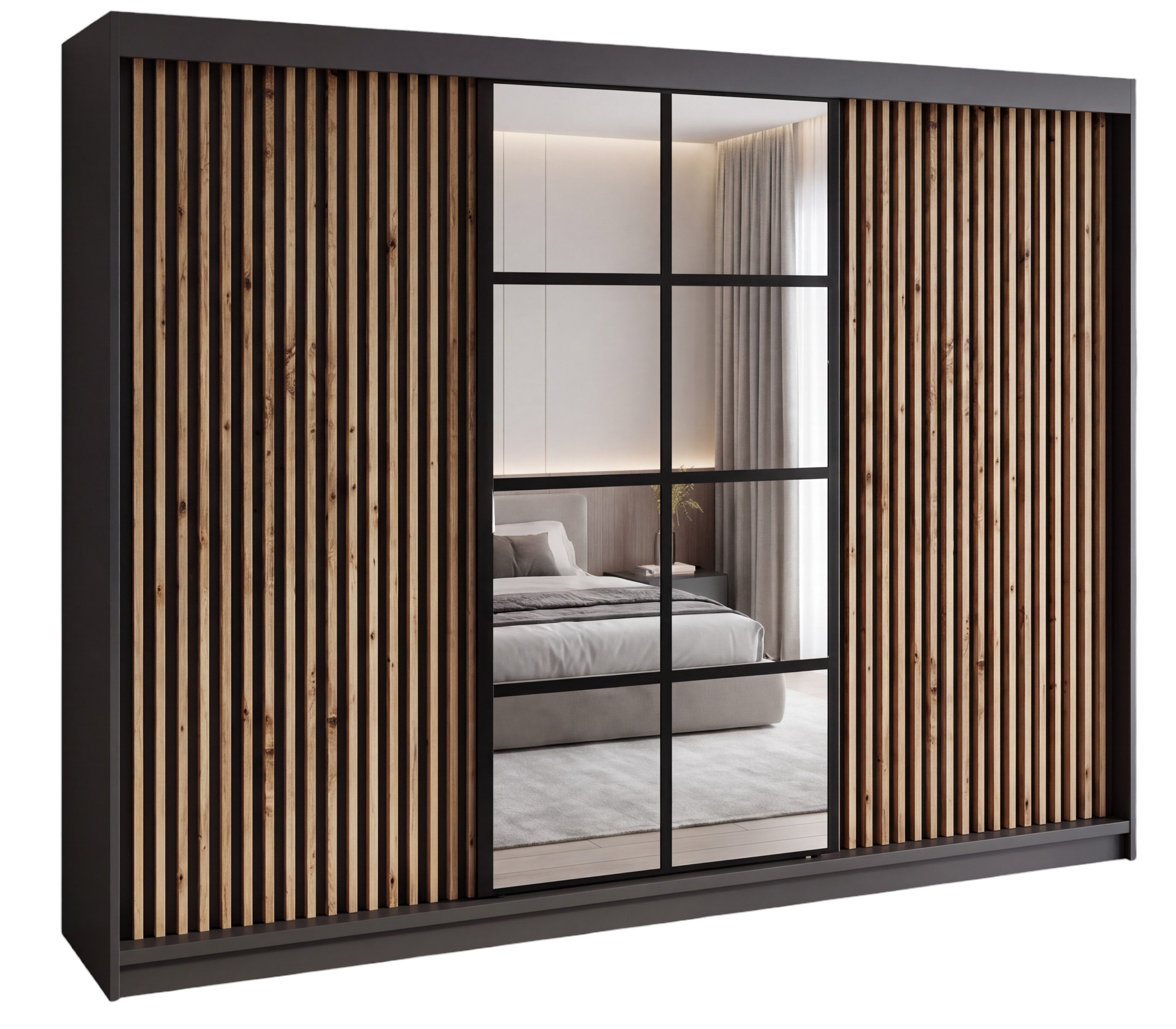 A&J MöbelLand GmbH Schiebetürenschrank NORIVO 200 cm mit 3D-Lamellen und Spiegelfront (TOP ANGEBOT! Geräumiger Schrank mit einer Breite von 200 cm ideal zur Aufbewahrung von Kleidung und Accessoires. Wählen Sie das ideale Modell für Ihr Schlafzimmer!, TOP PRODUKT)