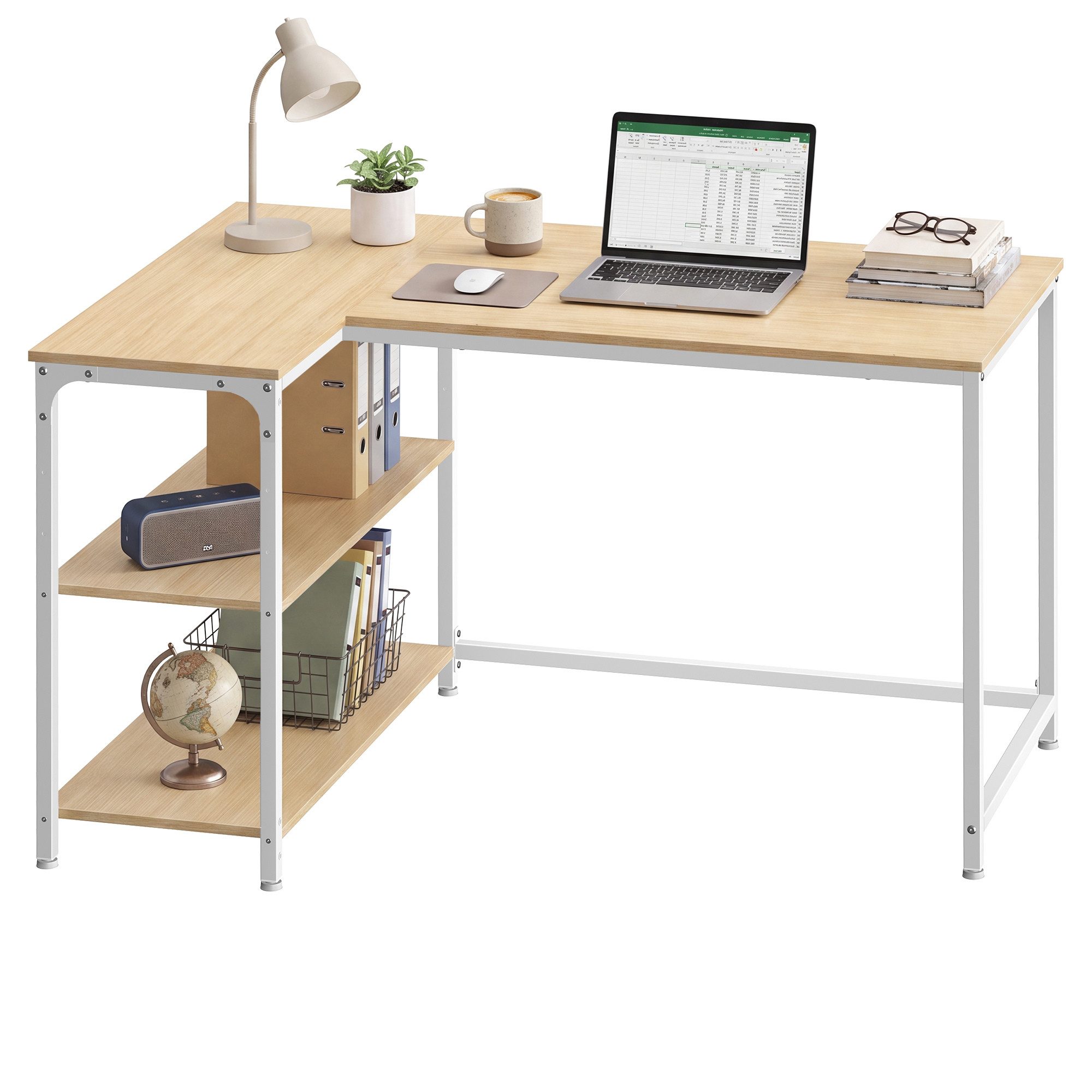 VASAGLE Schreibtisch Eckschreibtisch in L-Form, Computertisch mit Stauraum, Bürotisch, höhenverstellbare Ablage, für Homeoffice, 110/120 cm