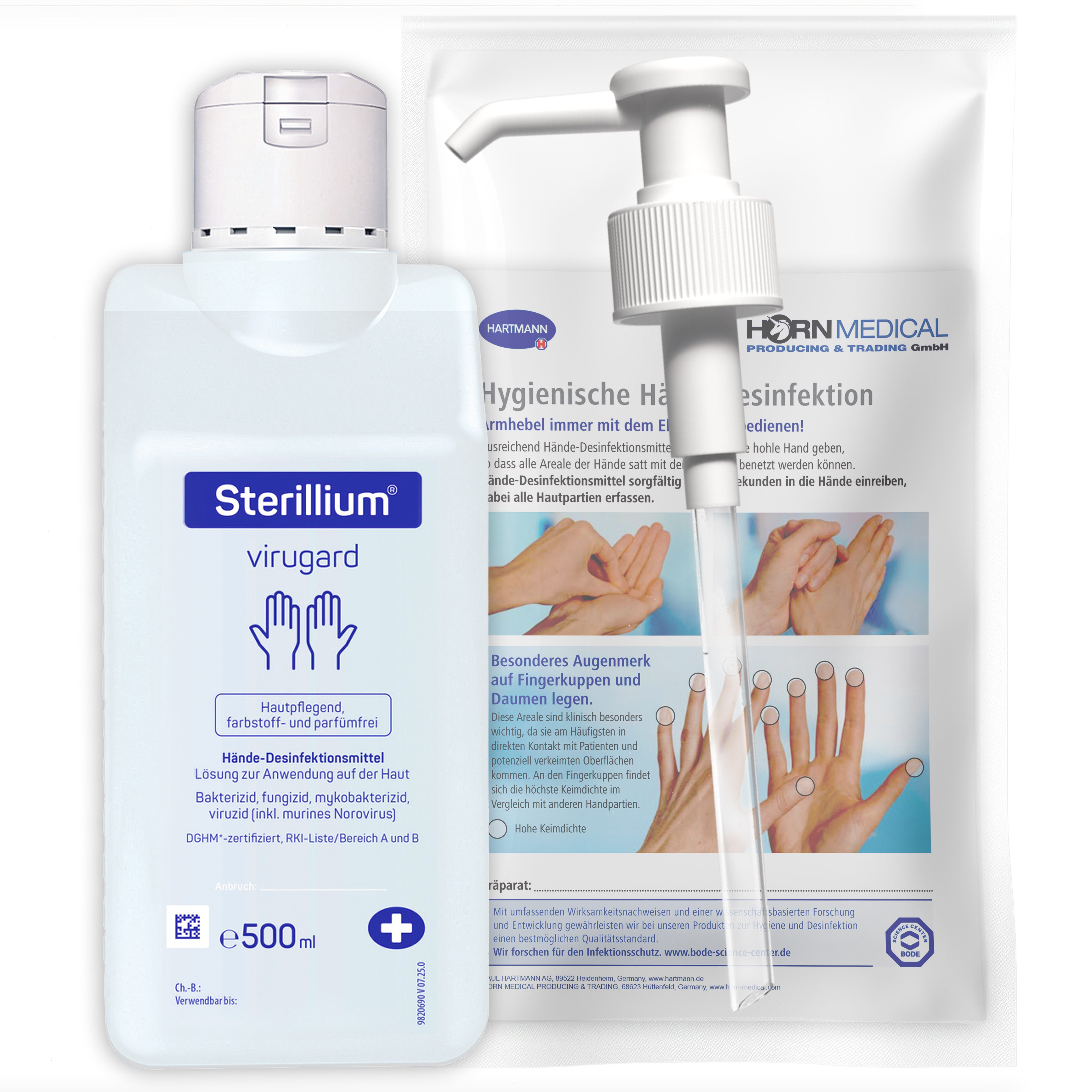 PAUL HARTMANN AG Horn Medical Dosierpumpe mit Sterillium Virugard 500ml Hand-Desinfektionsmittel (farbstoff- & parfümfrei, [-5-St. Hochwirksame Desinfektionslösung wirkt sofort bis zu 6h geg. Hefepilze, Bakterien, Viren)