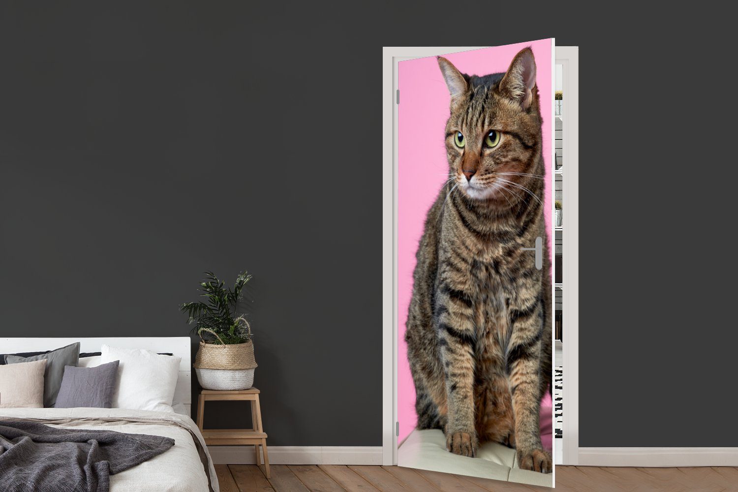 cm - - Tür, (1 Türaufkleber, Kinder, St), - MuchoWow Pouf Matt, - bedruckt, Rosa 75x205 für Fototapete - Kinder Türtapete Mädchen Katze