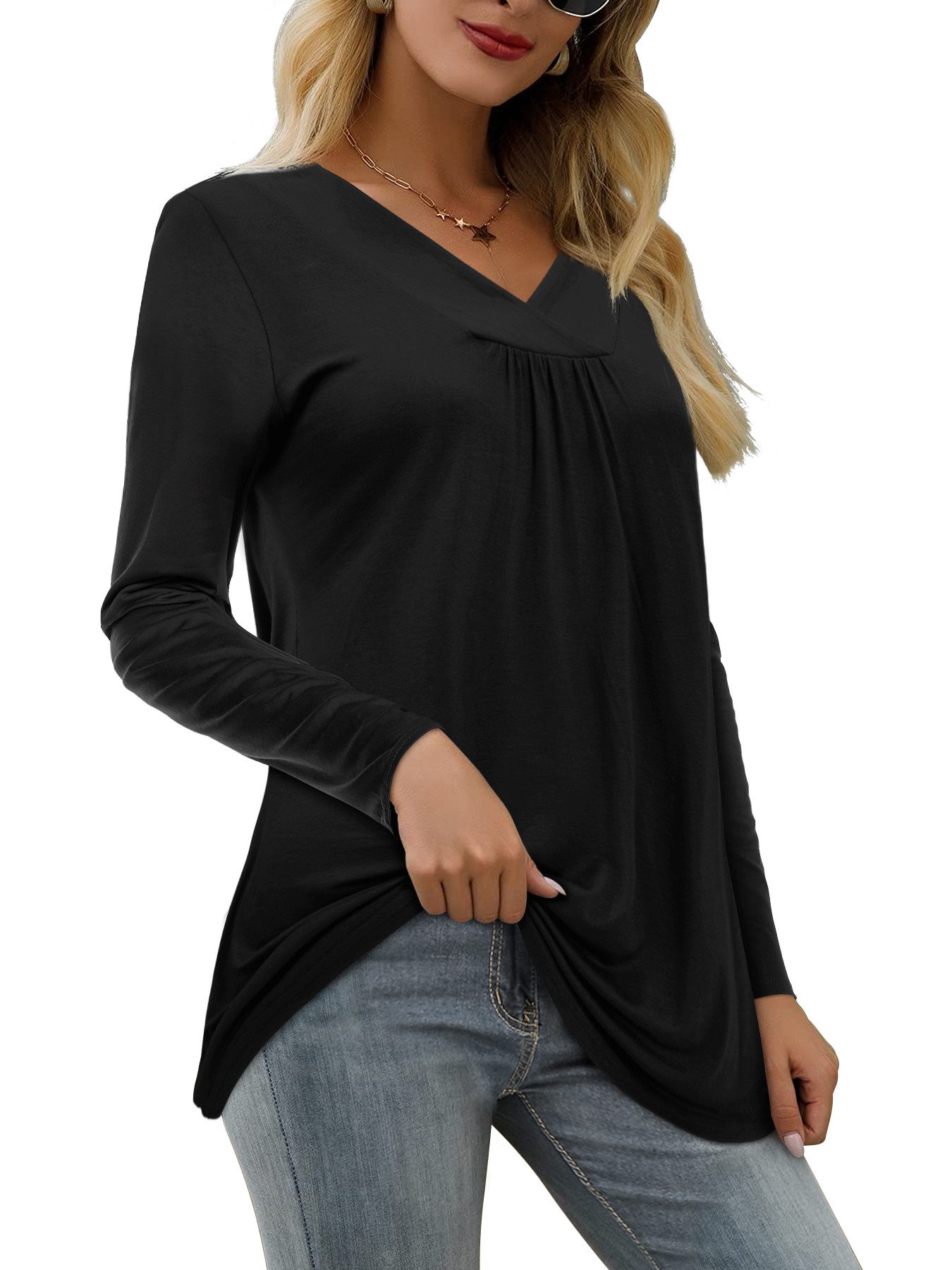 Beluring Langarmbluse Langarmbluse V-Ausschnitt Viskose, Falten & abgerunde günstig online kaufen