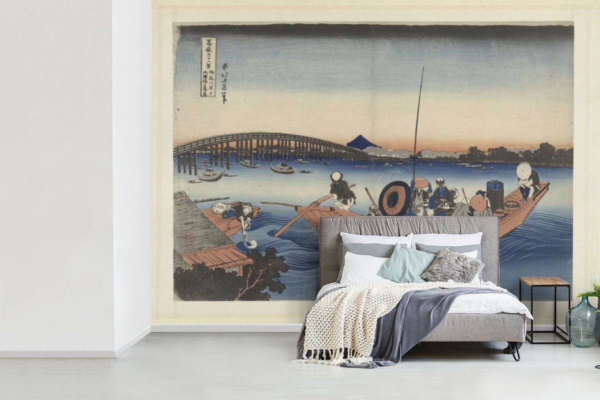 MuchoWow Fototapete Beobachtung des Sonnenuntergangs Montagefertig über Tapete Ufer bedruckt, Wandtapete für Vinyl Matt, vom St), der (6 Wohnzimmer, Ryogoku-Brücke des