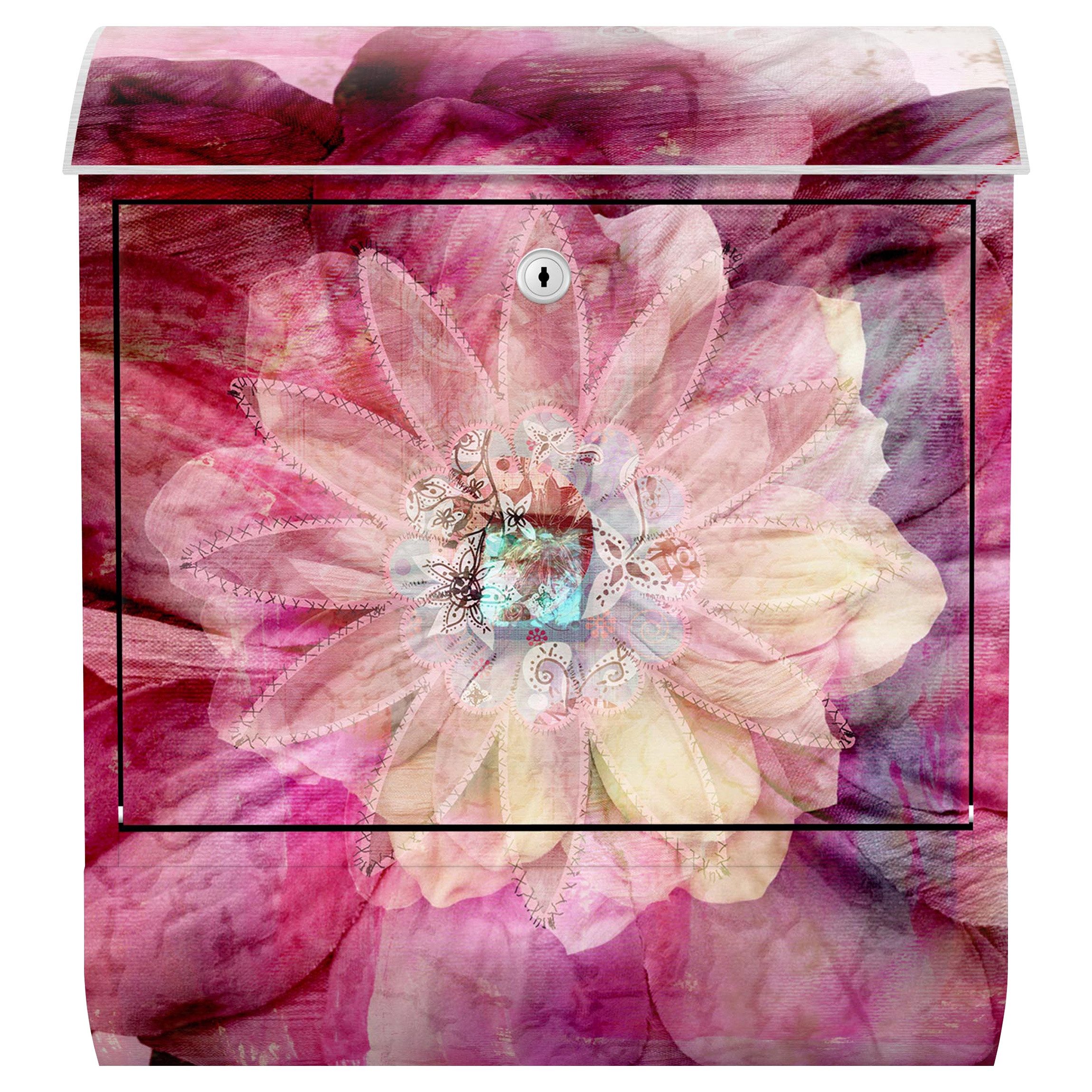 Bilderdepot24 Briefkasten Wandbriefkasten mit Zeitungsfach Motiv Grunge Blüte Pink (inkl. Zeitungsrolle und 3 Schlüssel), Motivdruck, wetterfest, UV-beständig, abschließbar, 46x39x13 cm