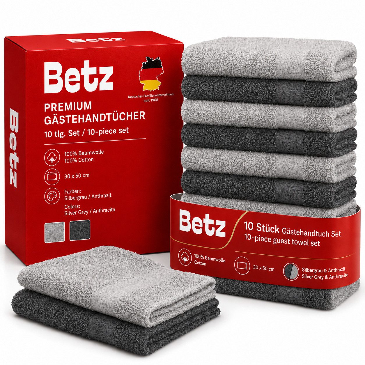 Betz Gästehandtuch 10 Stück Gästehandtücher Premium Größe 30x50 cm Silbergrau/ anthrazit, 100% Baumwolle (Set, 10-St), Handtuch Gästetücher Set
