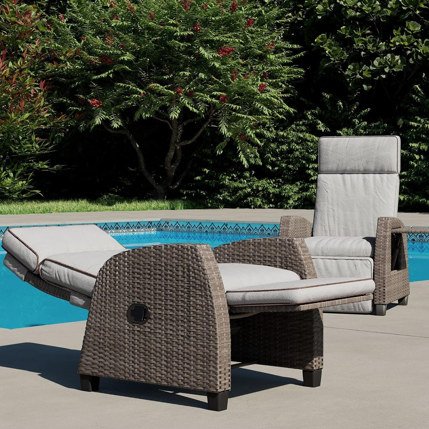 patio Beige Grau | Grand aus mit mit Sitzkissen, Grad einstellbar PE-Rattan, Gartensessel 150 Beistelltisch, Rückenlehne