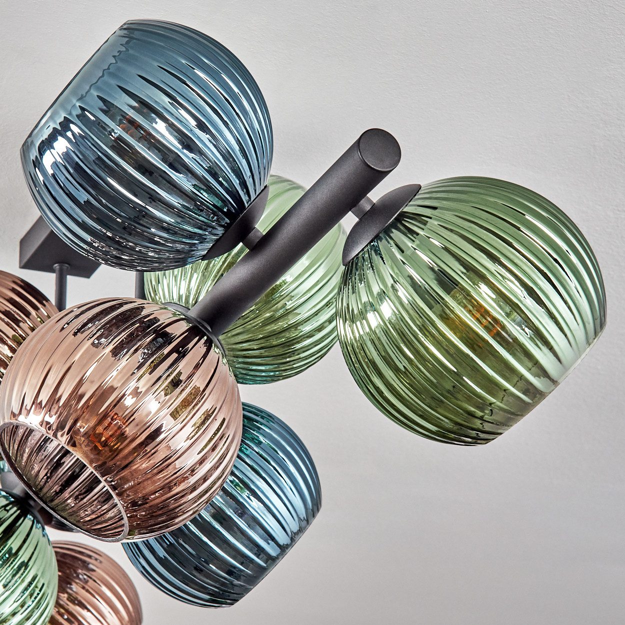 hofstein Deckenleuchte Deckenlampe aus Metall/Glas in Schwarz/Grün/Blau/Kupferfarben, ohne Leuchtmittel, Leuchte im Retro/Vintage-Design mit Glasschirmen (25 cm), 4 x E27