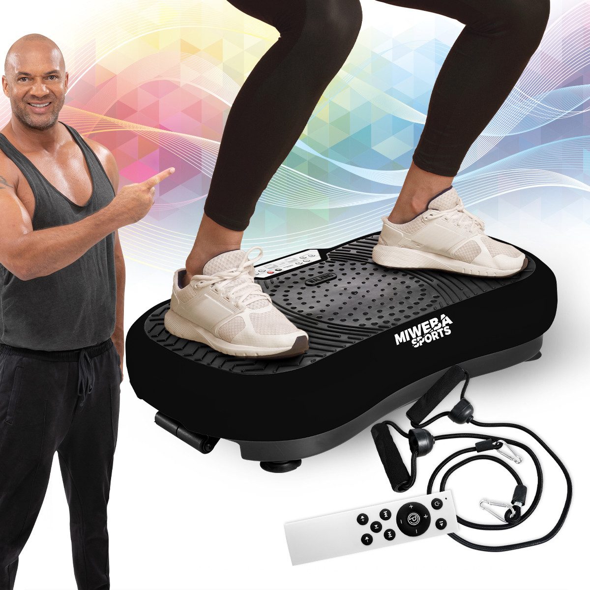 Miweba Sports Vibrationsplatte Vibrationsboard MV100 inkl. Fernbedienung - 2D-Vibration, 250 W, 99 Intensitätsstufen, (150 kg max. Benutzergewicht, Bluetooth, 10 Programme, extra breite Trittfläche, LED-Display, 12,5 kg Leichtgewicht, Poster & Widerstandsbänder, Ganzkörpertraining, Fettverbrennung, Trainingsgerät, Sportgeräte Fitnessgeräte für Zuhause, 3 tlg), 3 J. Garantie - Vibrationstrainer Sportgerät Fitnessgerät