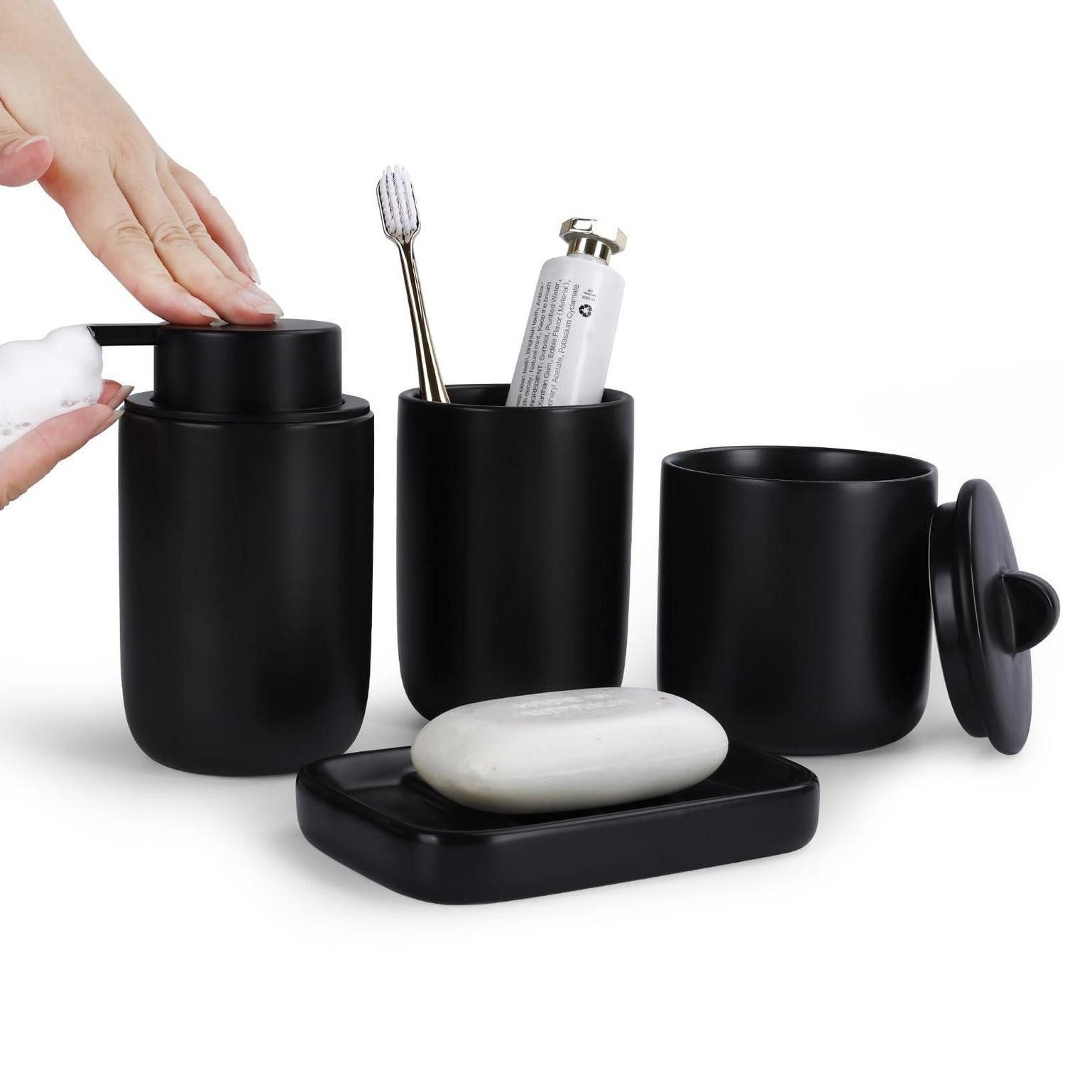 LuxusKollektion Seifenspender Badezimmer-Set Keramik 4-teilig Schwarz
