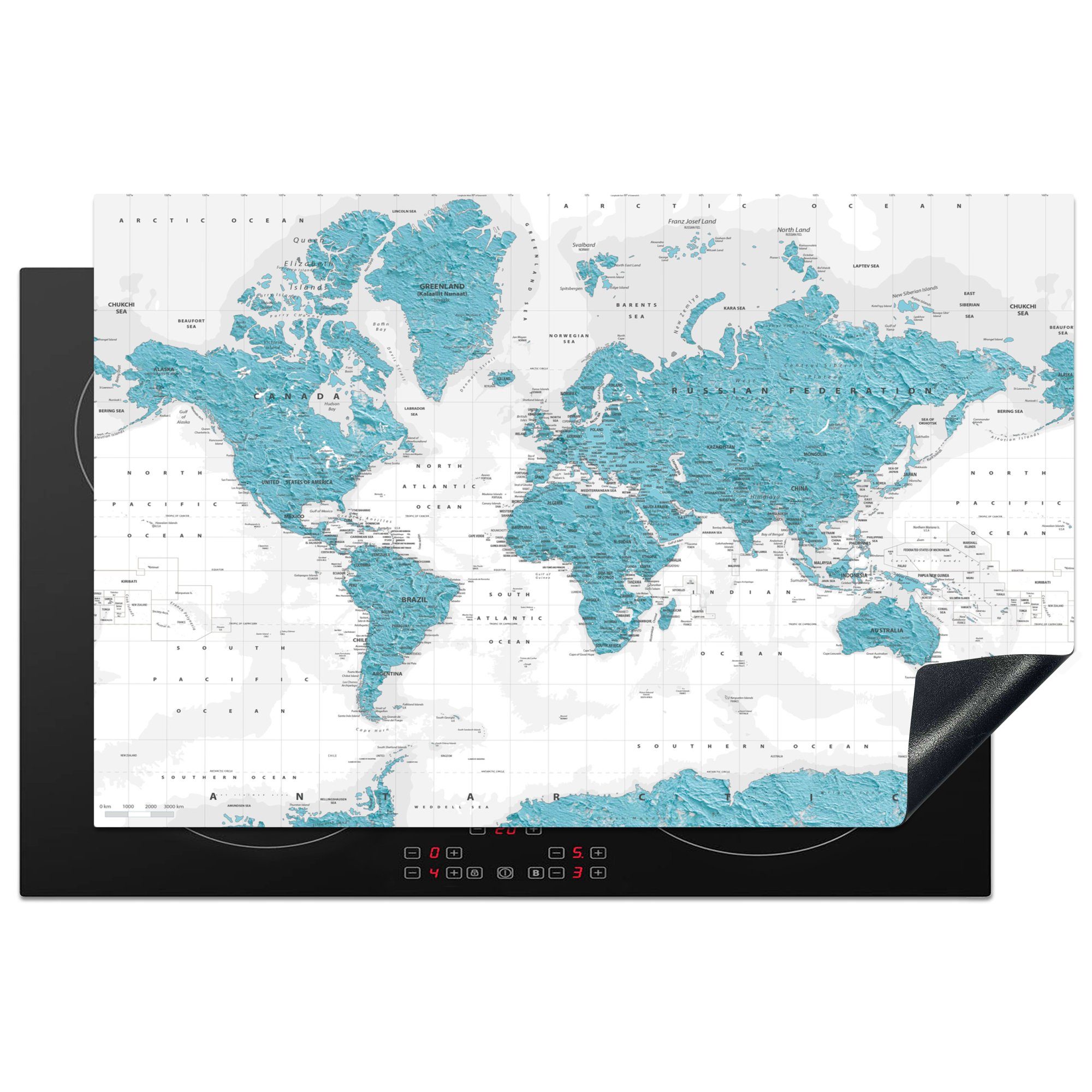 MuchoWow Herdblende-/Abdeckplatte Weltkarte - Blau - Topographie, Vinyl, (1 tlg), 81x52 cm, Induktionskochfeld Schutz für die küche, Ceranfeldabdeckung
