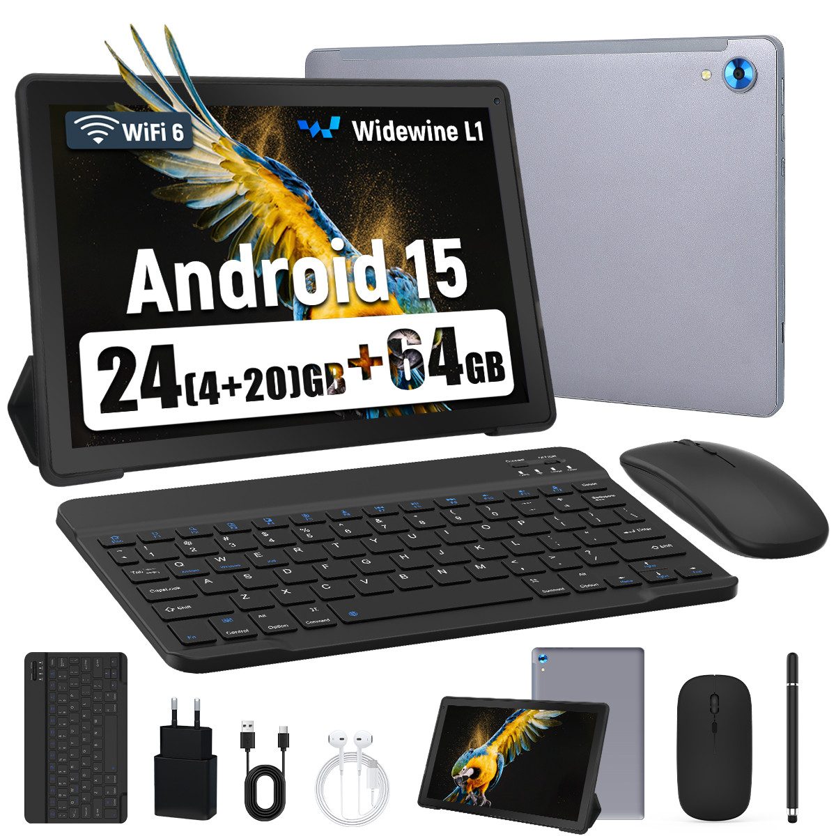 Happybe 10,1 Zoll Android 15, 4GB RAM 128GB mit Tastatur Maus Stylus Hülle Set Tablet (10", 128 GB, Android, WiFi 6, 24(4+20)GB RAM, 1280×800 HD mit Blaulichtfilter für HD-Streaming)