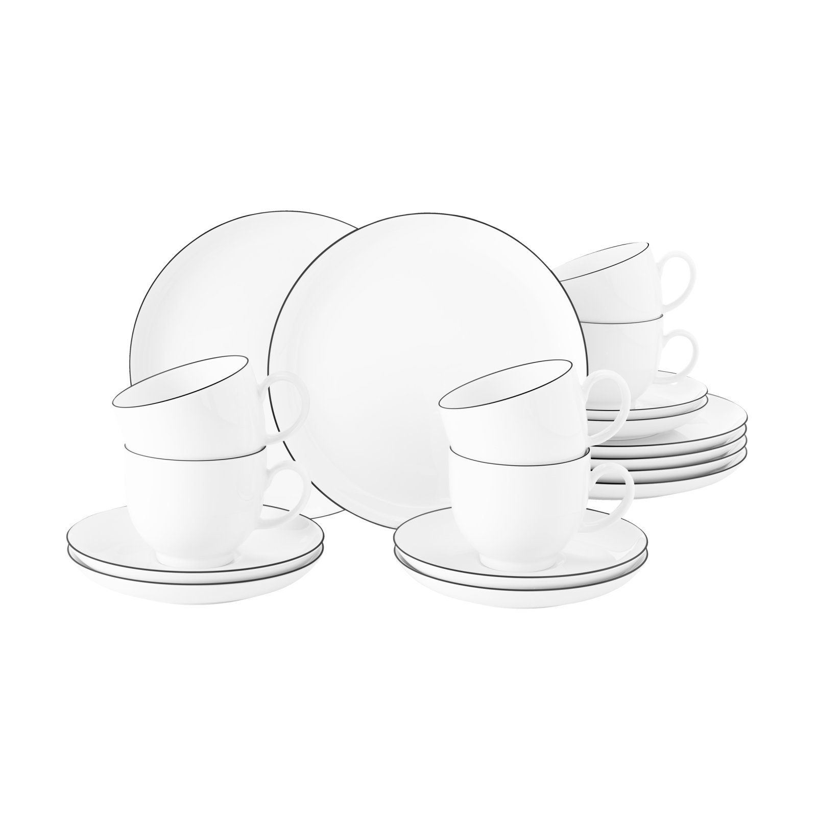 Seltmann Weiden Kaffeeservice Kaffeeservice 18-teilig - Lido Black Line - 1 Set (18-tlg), 6 Personen, Porzellan, Porzellan, spülmaschinenfest, mikrowellengeeignet, Made in Germany