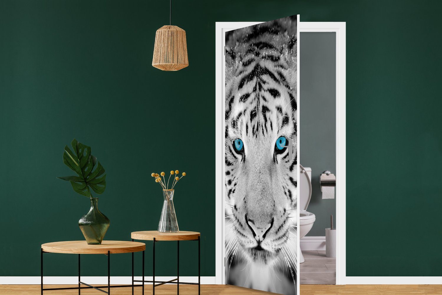 MuchoWow Türtapete Tiere (1 bedruckt, - weiß, Augen St), und Tür, 75x205 Matt, - für Türaufkleber, cm - Tiger Fototapete Blau - Schwarz