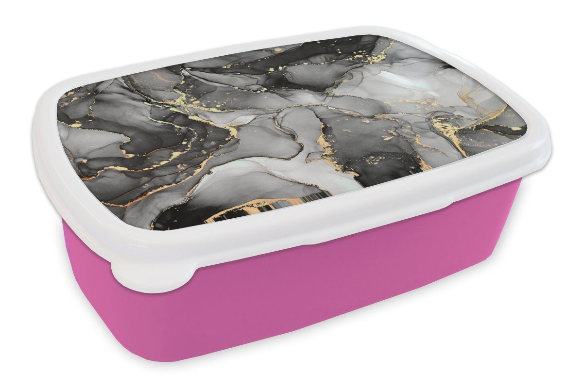 Erwachsene, (2-tlg), - Lunchbox Snackbox, Brotdose MuchoWow für rosa Kunststoff Marmor Gold Mädchen, Schwarz Kunststoff, - Grau, Brotbox - Kinder,
