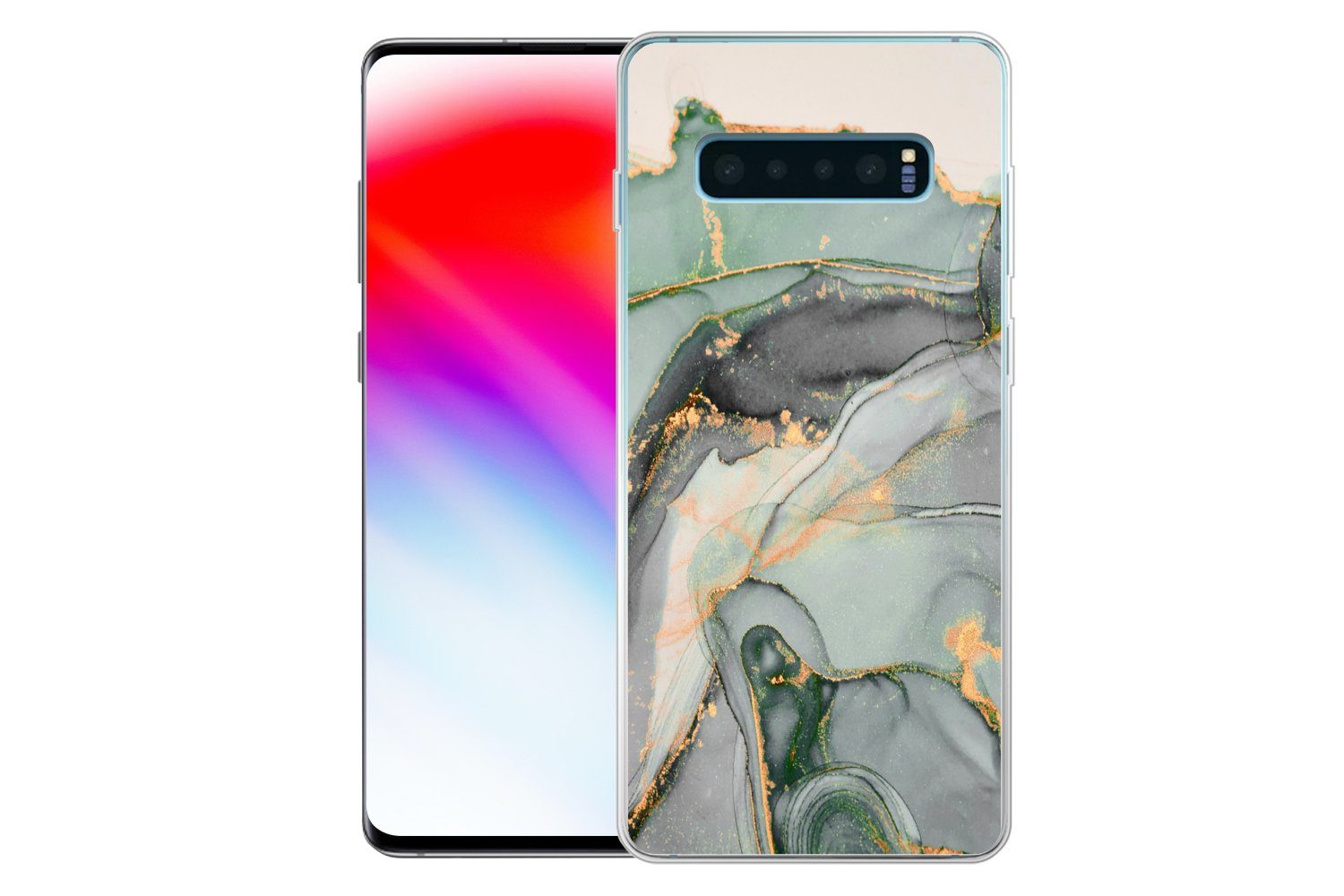 MuchoWow Handyhülle für Samsung Galaxy S10 Plus Gold - Marmor - Grün - Luxus - Glitzer - M, Phone Case, Silikon, Schutzhülle Dünn