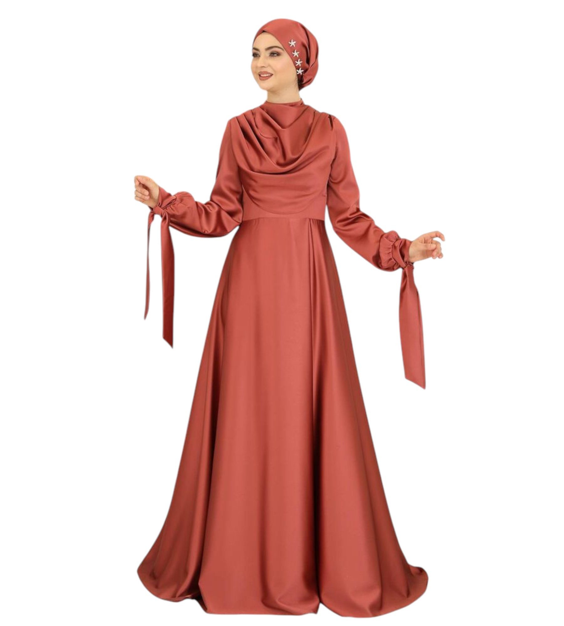 fashionshowcase Abendkleid Damen Maxikleid Satinkleid langarm Modest Fashion