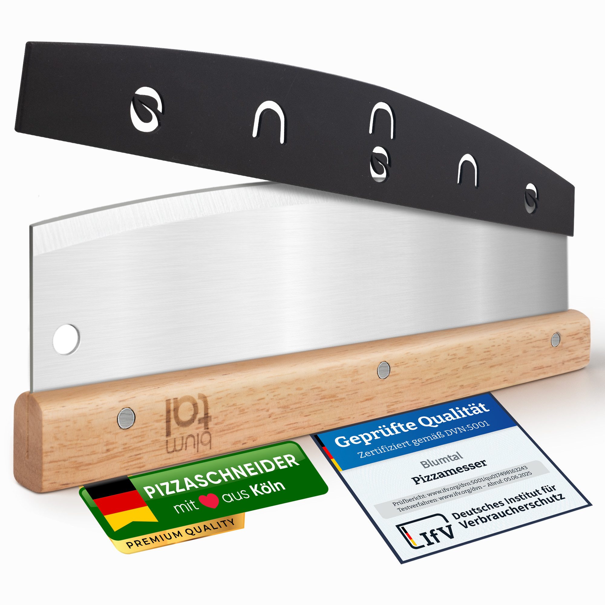 Blumtal Pizzaschneider Premium Wiegemesser, 32cm Edelstahlklinge, 1,2mm Klingenstärke, Ergonomischer Holzgriff