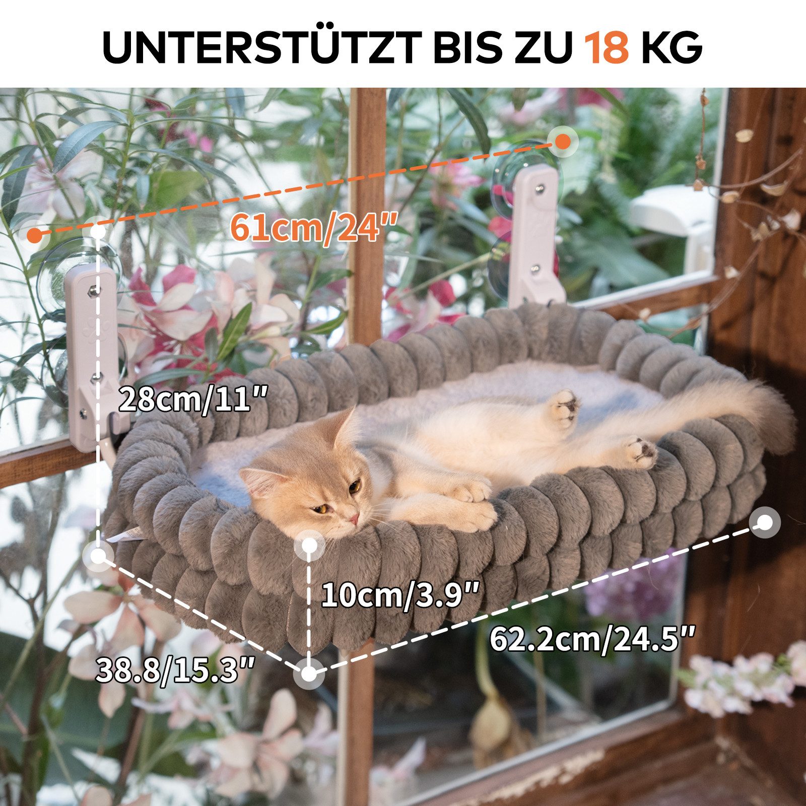 CheerPals Tierbett Fensterliege bis 18kg, faltbare Hängematte, Wendebezug, Polyesterfaser