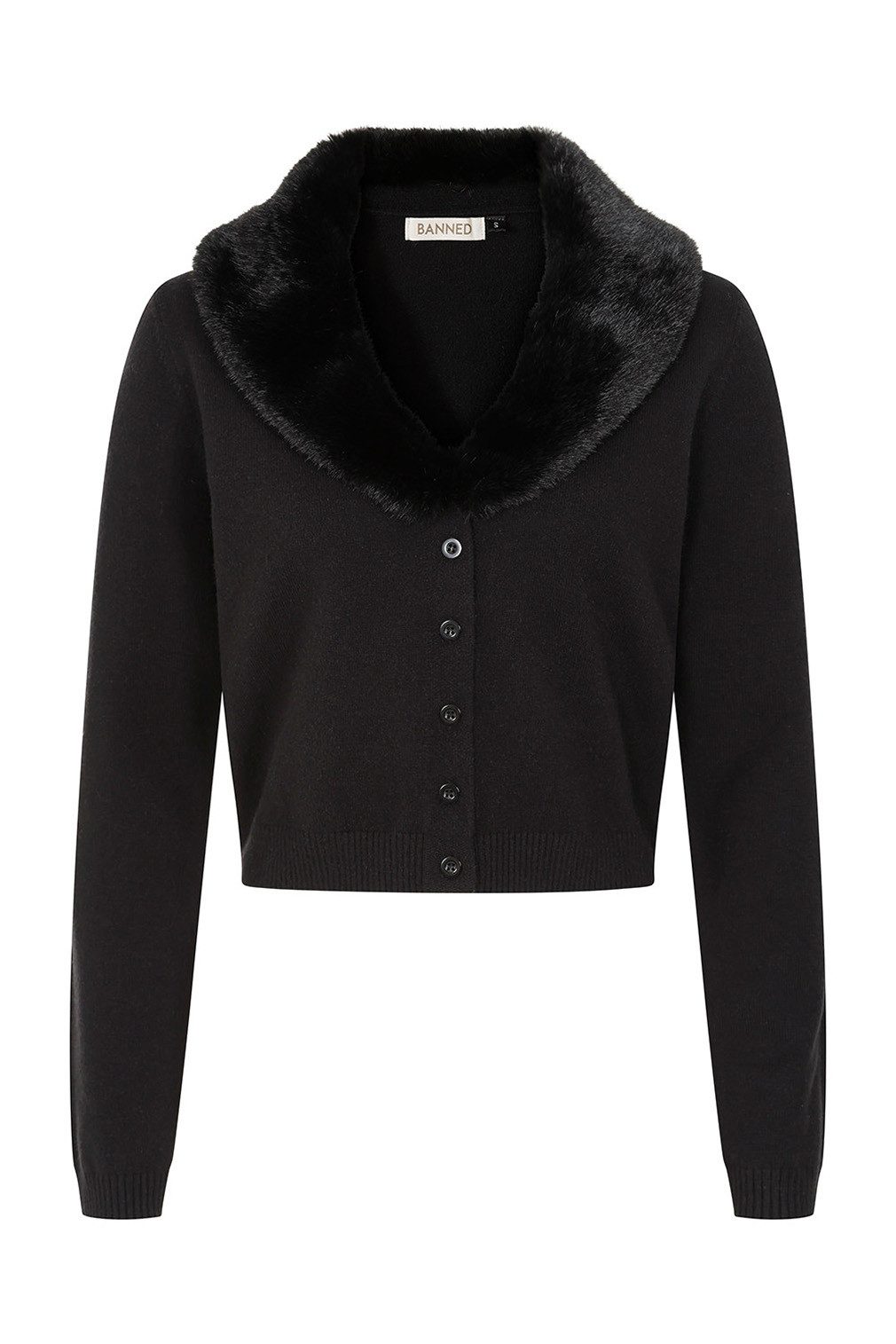 Banned Strickjacke Sonia Faux Fur Cardigan Schwarz Vintage Kunstfell