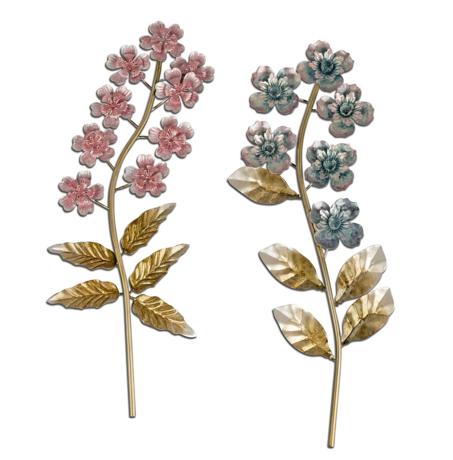 formano Dekobaum 2er Set Wand-Zweig 3D Blume 45cm Handbemaltes Metall Wandbild perlmutt