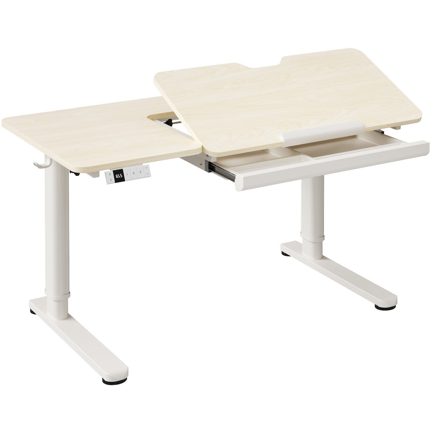 HOMALL Kinderschreibtisch Höhenverstellbarer Schreibtisch mit neigbarer Tischplatte & Schublade (Maße: 120 x 60 cm, Tischplatte um 60° nach oben klappbar, mit großer Schublade und Haken, 3-stufige Höhen-Speicherfunktion + Typ-C-Anschluss)