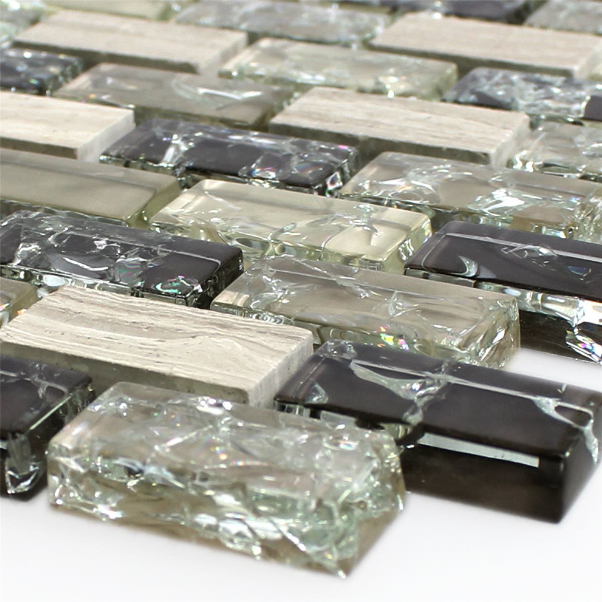 Mosafil Mosaikfliesen Glas Naturstein Mosaikfliesen Malawi Bruchglas Brick, Naturstein-Glas-Marmor 30.000x28.500, beige-grau-grün, Verlegefertig auf ein Netz geklebt - Frostsicher - Wasserfest