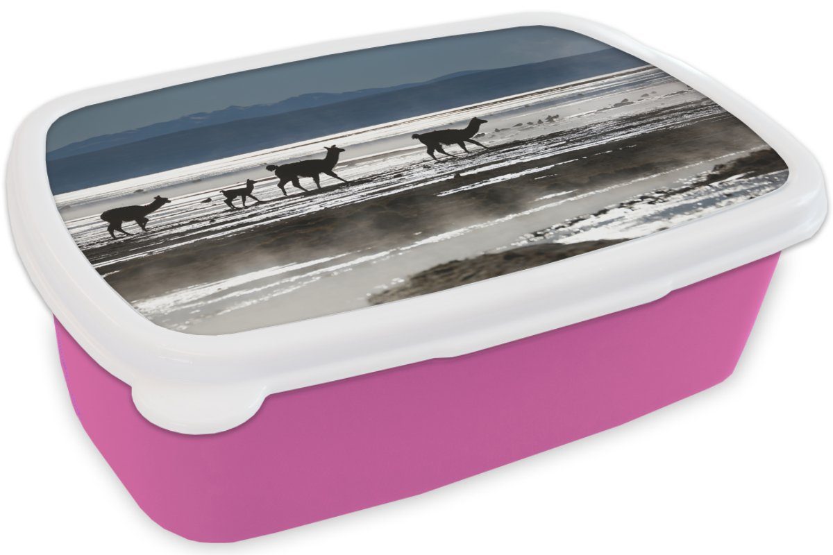 MuchoWow Lunchbox Brotdose Berg Mädchen, rosa Kinder, - Snackbox, (2-tlg), für Erwachsene, Wasser, Alpakas - Kunststoff Kunststoff, Brotbox