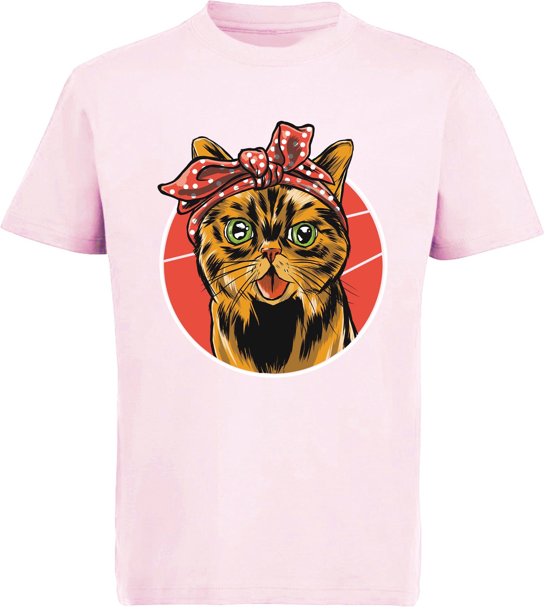 MyDesign24 Print-Shirt Mädchen mit T-Shirt rot, weiß, Kinder schwarz, i103 bedrucktes rosa, mit Katze Katze, Schleife Baumwollshirt