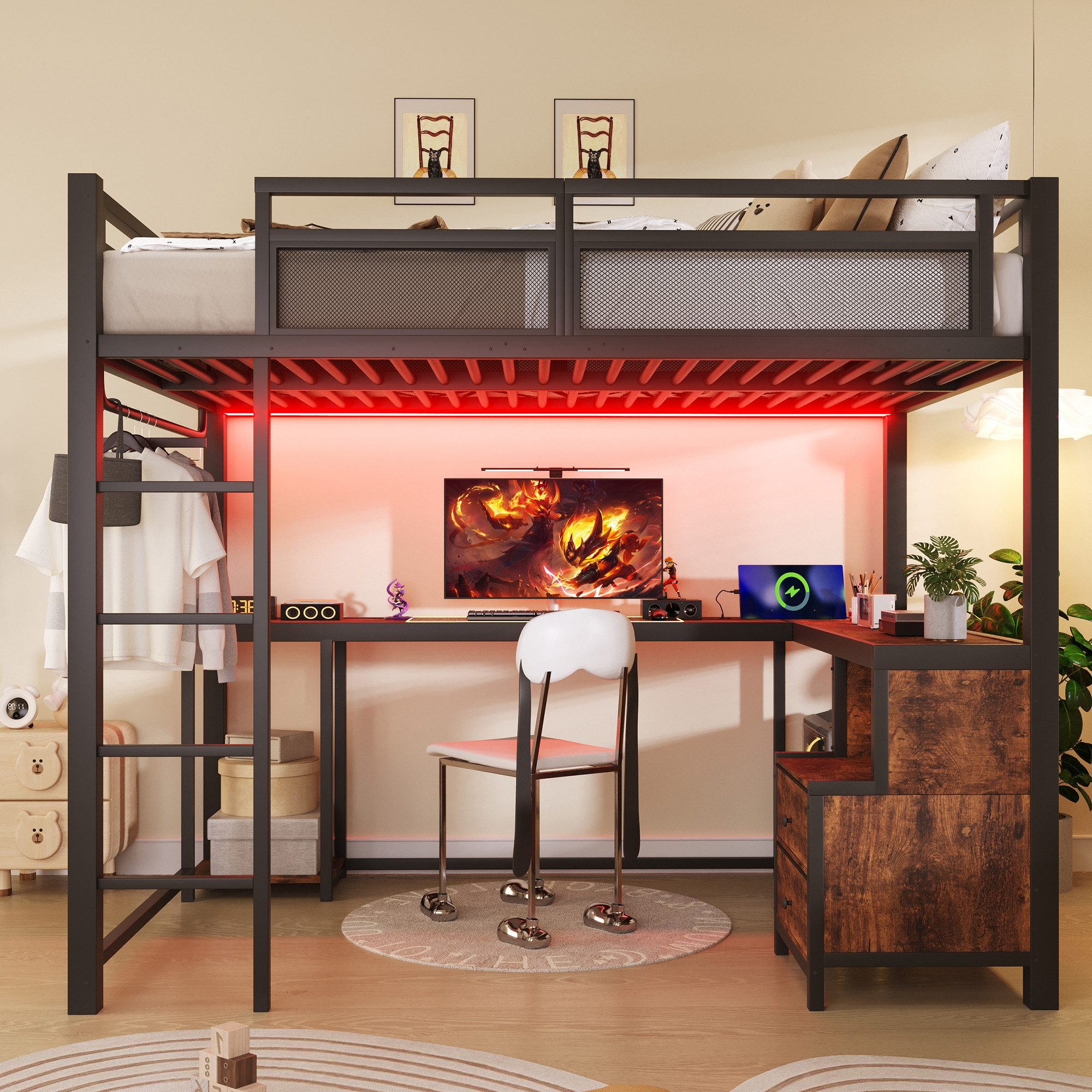 Merax Hochbett 140x200cm mit LED-Beleuchtung & USB-Ladestation (Jugendbett Loftbett, 1-St) Metallbett Kinderbett mit Schreibtisch, Ablagefächern & Kleiderstange – Bild 2 von 5