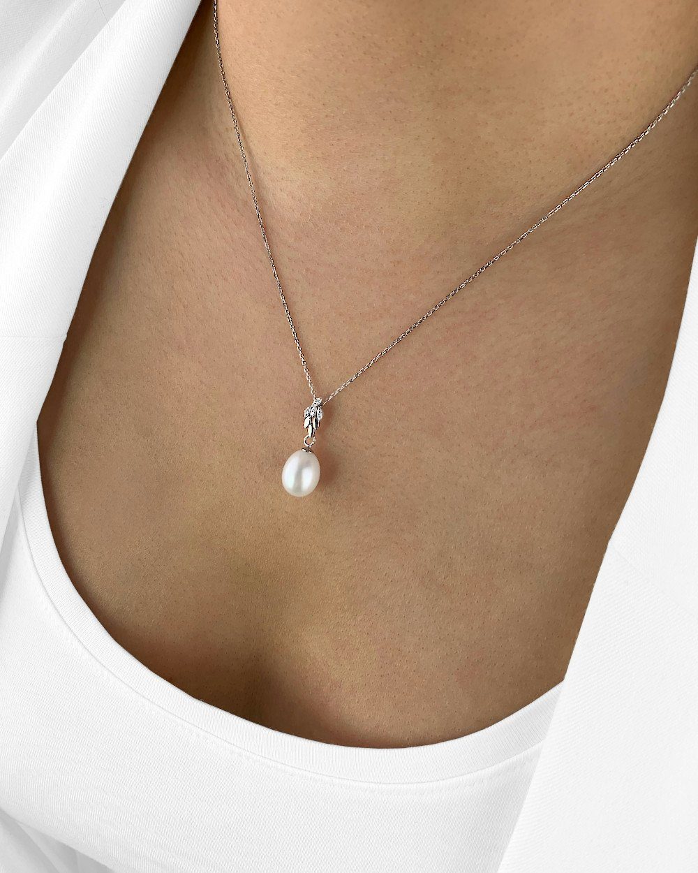 DANIEL CLIFFORD Perlenkette 'Pauline' Damen Halskette Silber 925 Anhänger einzelne Perle (inkl. Verpackung), 40cm - 45cm größenverstellbare Silberkette 1 Perlenanhänger weiß